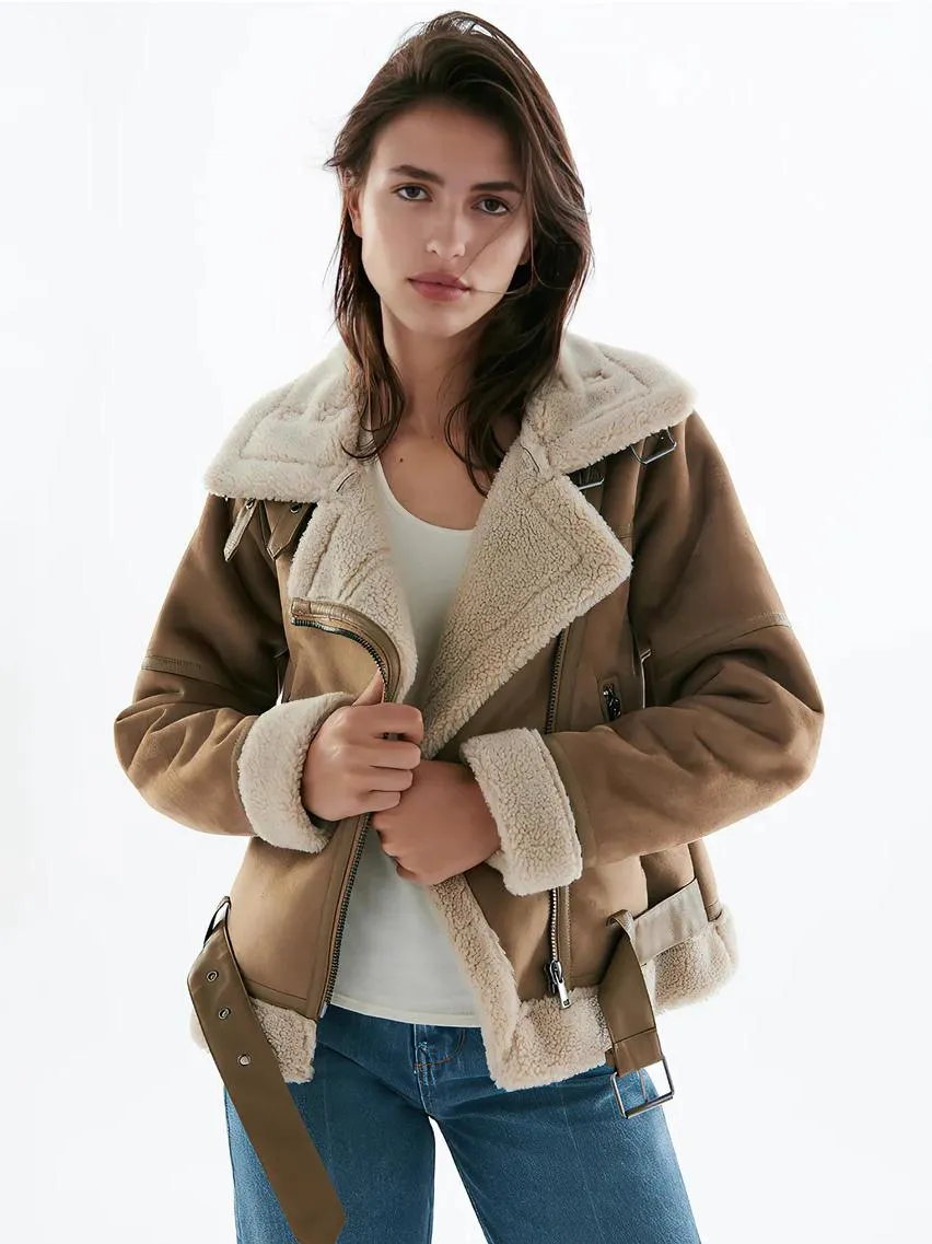 2024 Women's Suede Jacket with Faux Shearling Lining for Winter Outerwear