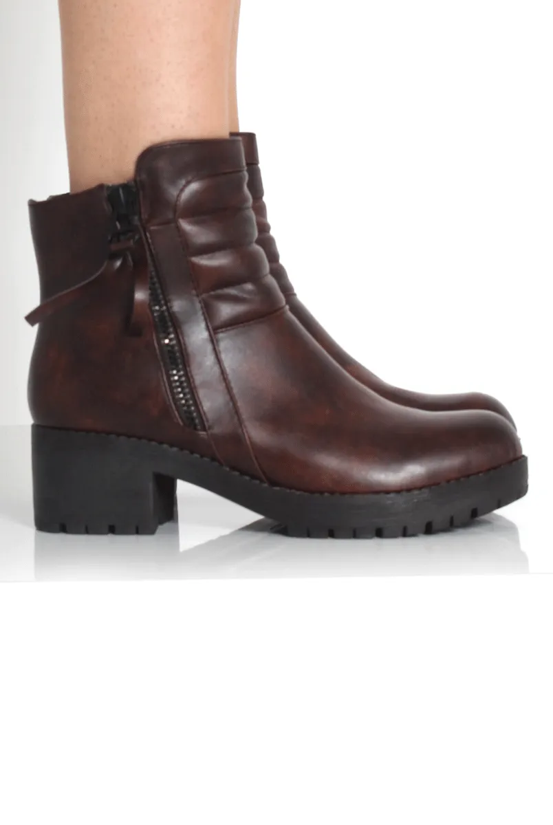 Alisha Brown Zip Biker Ankle Boots -> Brown Biker Ankle Boots with Zip by Alisha