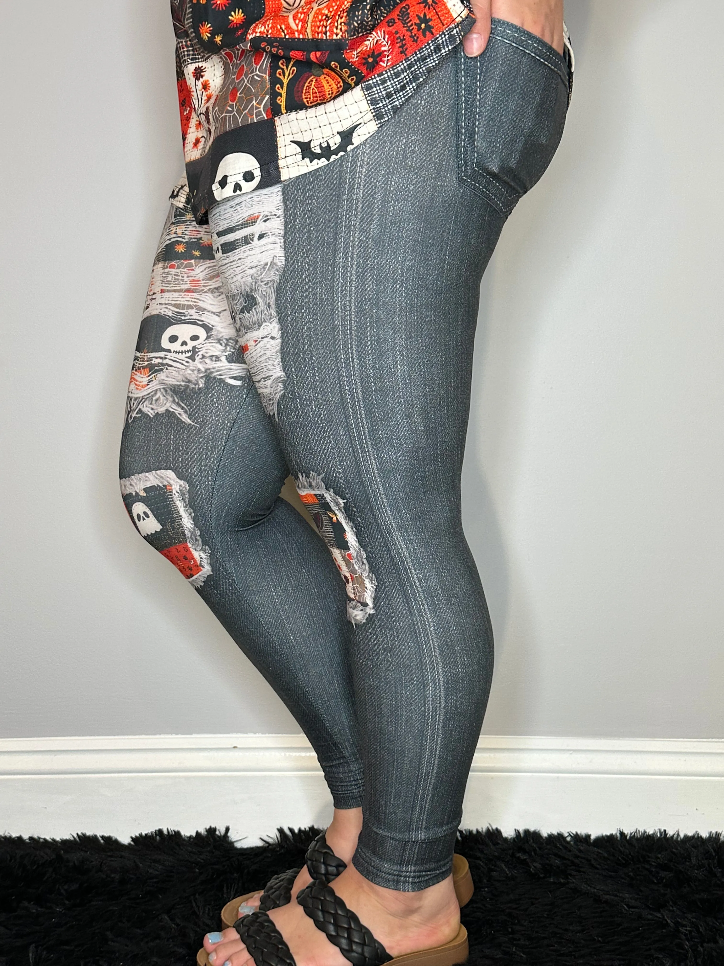 Black Denim Spooky Patch Leggings with Back Pockets - Product for Women