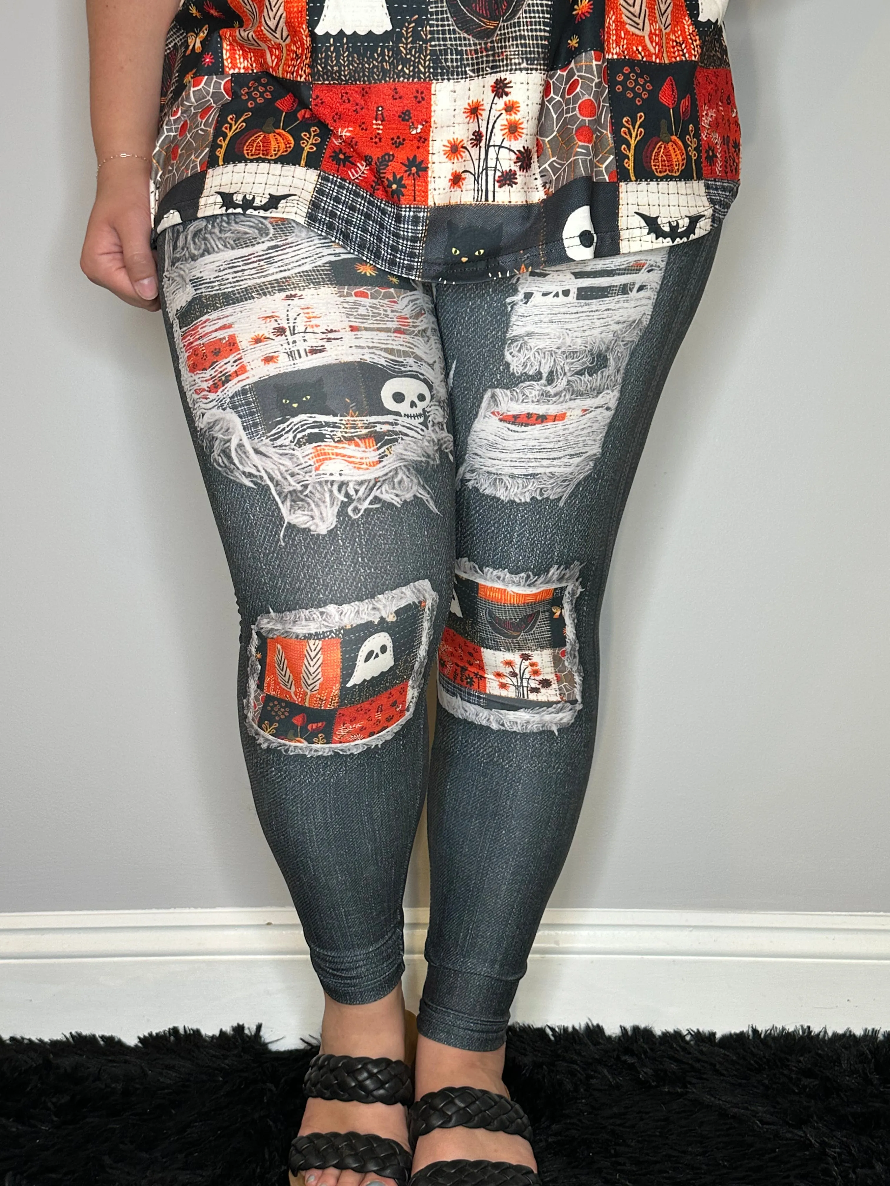 Black Denim Spooky Patch Leggings with Back Pockets - Product for Women