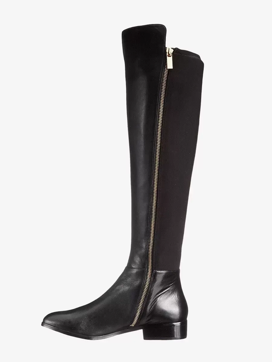 Black Knee High Boots Zippered Round Toe Patchwork