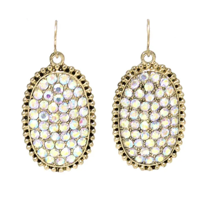 BLING BLING Iridescent AB Rhinestone Medium Oval Earrings with Gold Tone Border