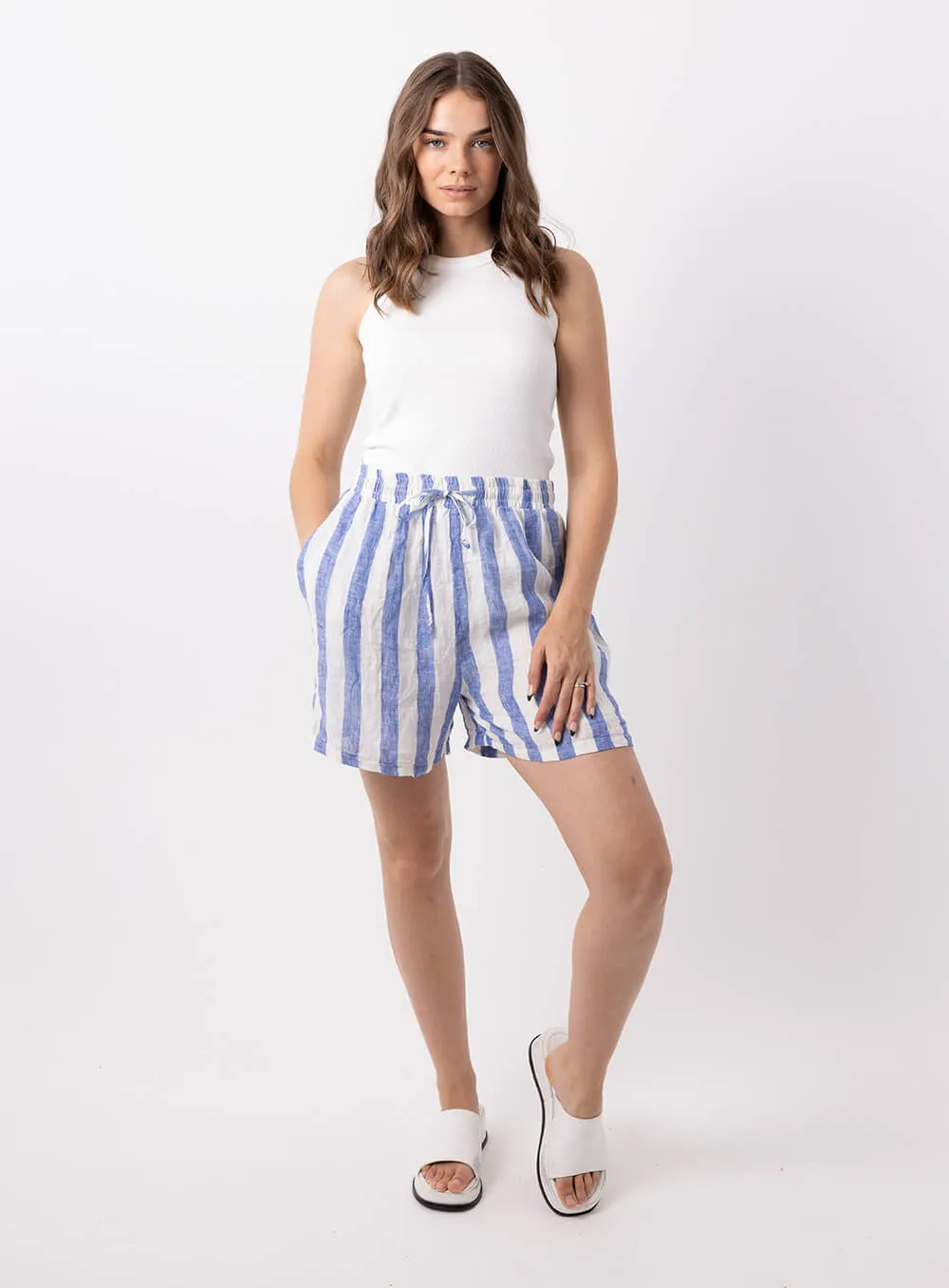 Blue Linen Short with Charlie Stripe