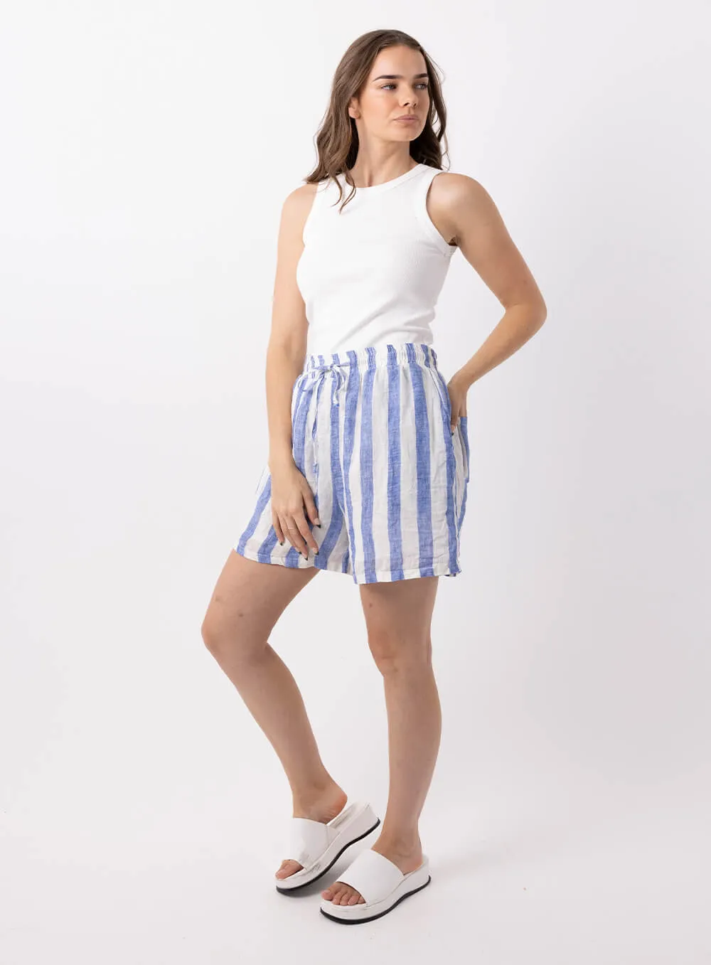 Blue Linen Short with Charlie Stripe