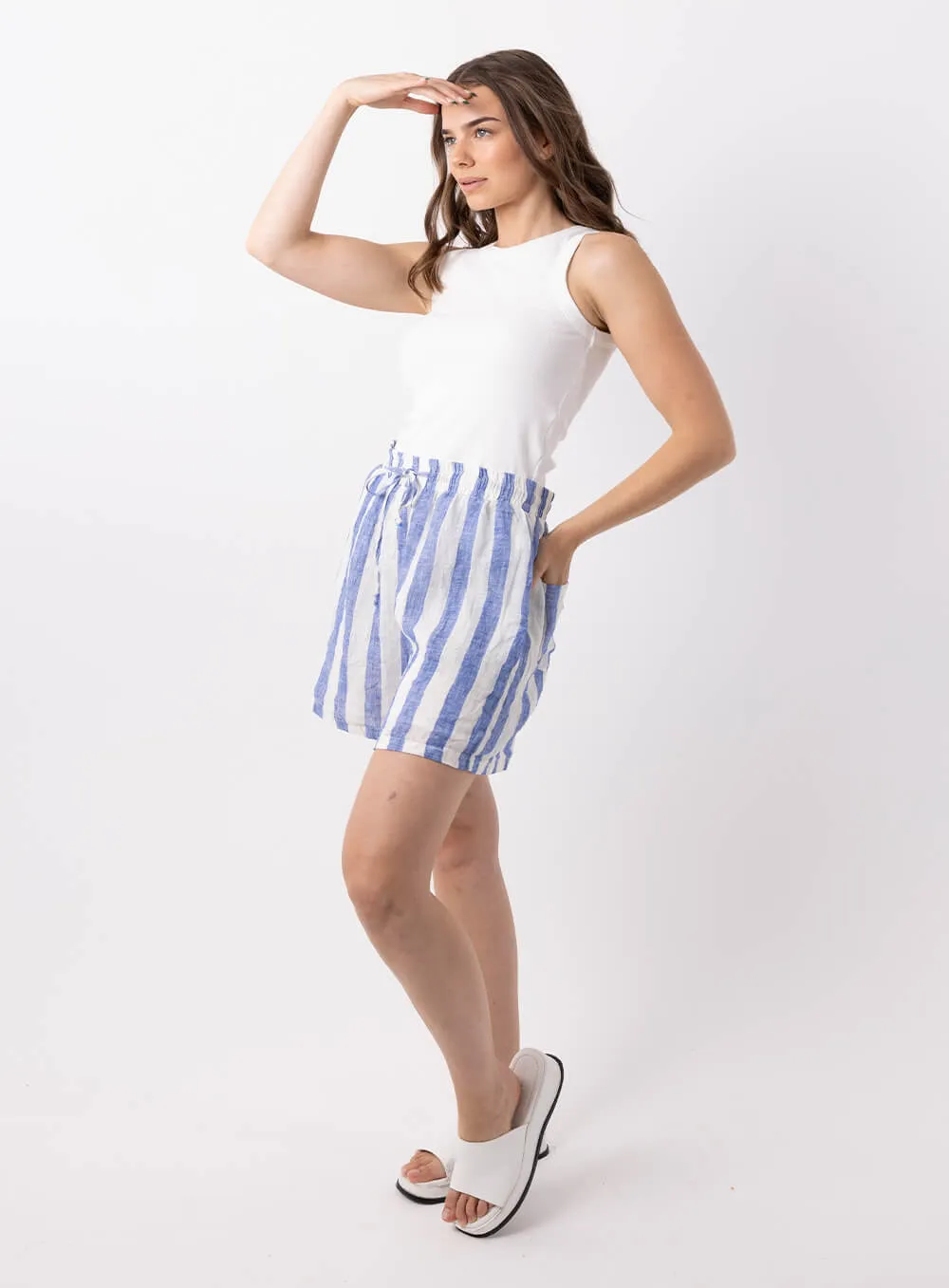 Blue Linen Short with Charlie Stripe