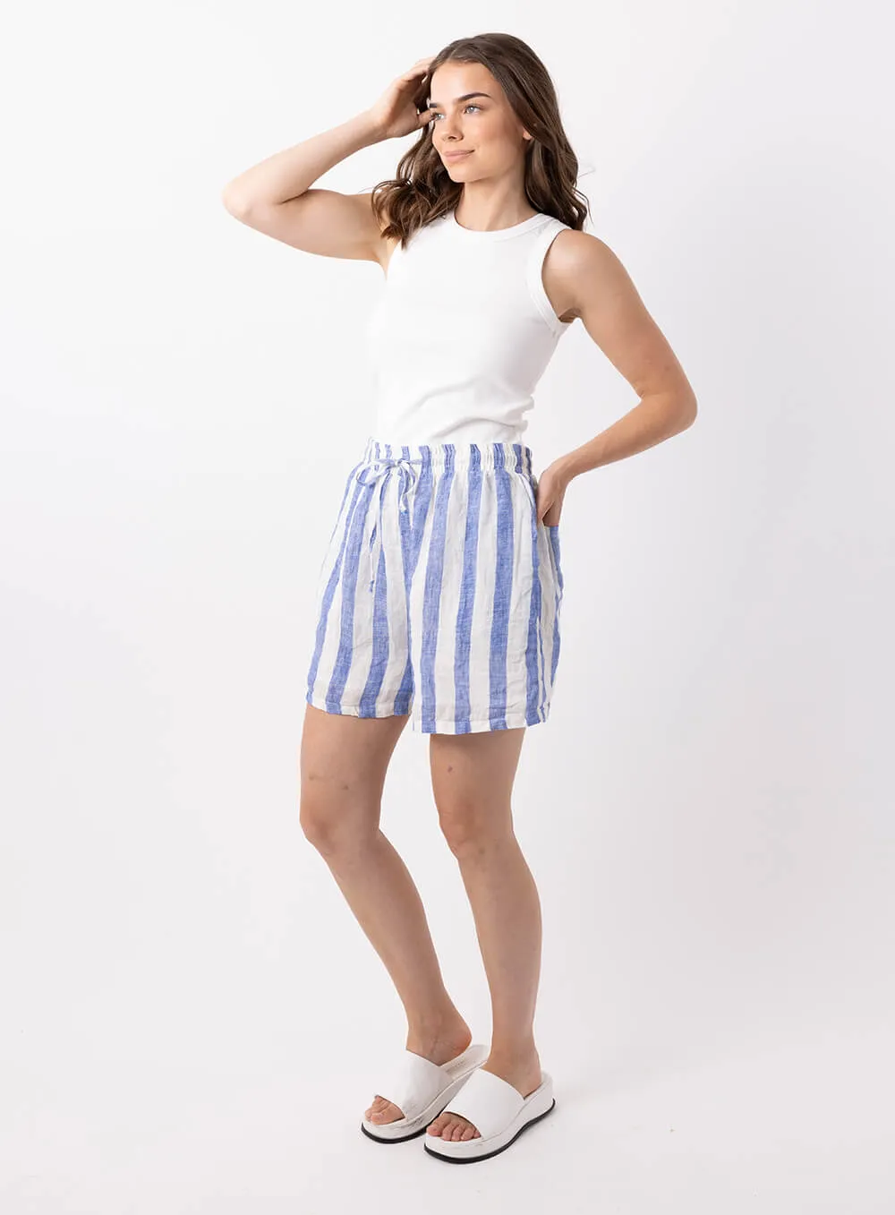 Blue Linen Short with Charlie Stripe