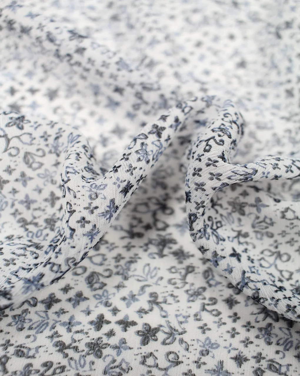 Blue White Floral Print Chiffon Fabric