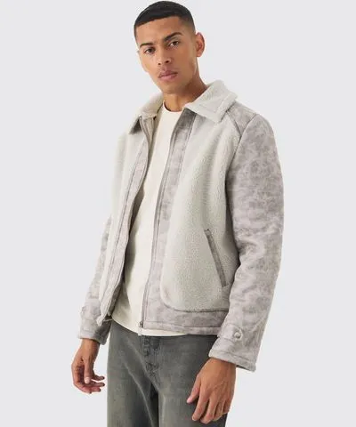 Boohoo Men's Washed Pu Panel Harrington Jacket with Borg Detail