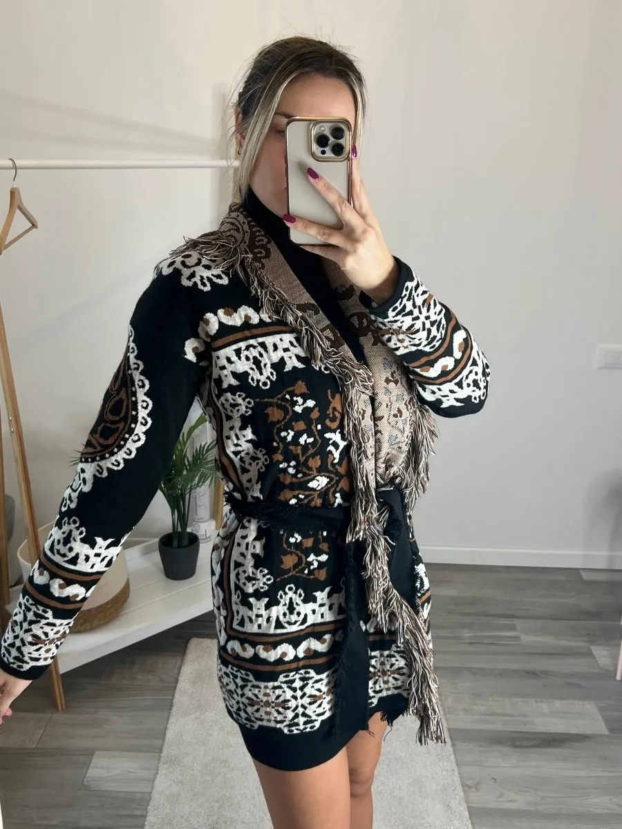 Cardigan nero e marrone fantasia con frangette