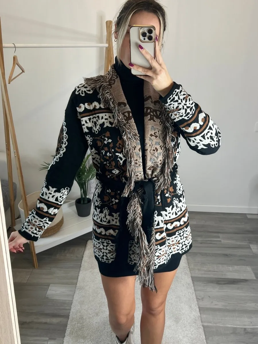 Cardigan nero e marrone fantasia con frangette
