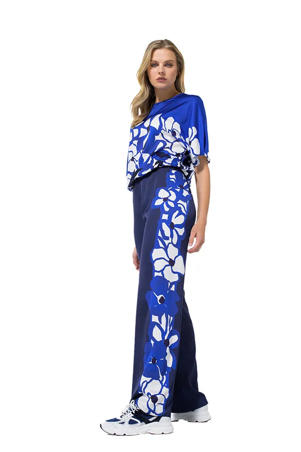 Caroline Biss FLORAL PRINT STRAIGHT LOOSE SHINY TROUSERS