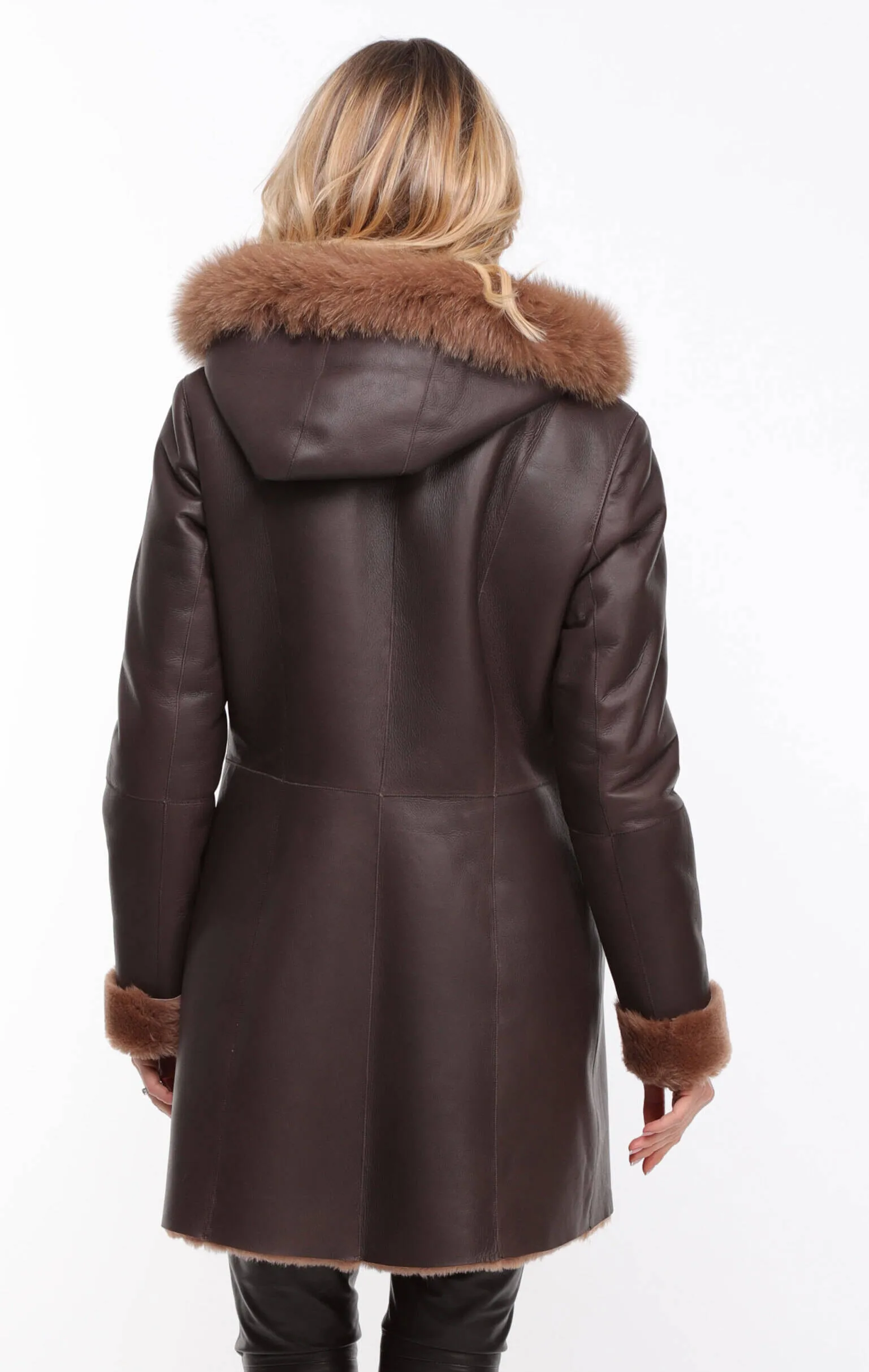 Chocolate Sheepskin Coat - Aurelia - Women's Hooded