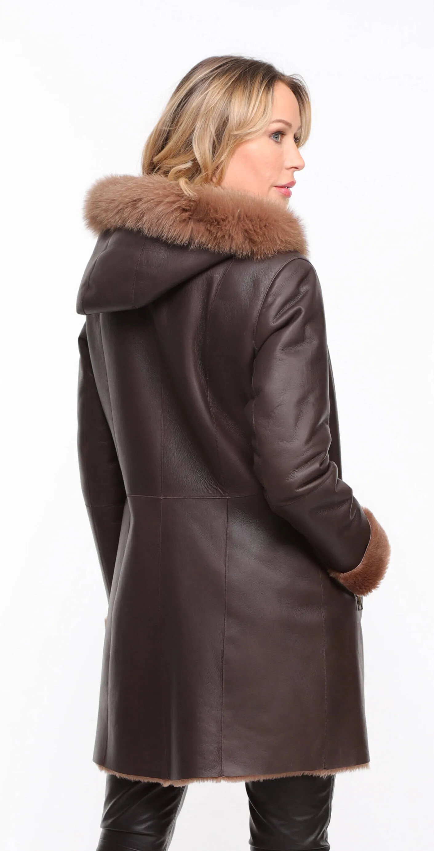 Chocolate Sheepskin Coat - Aurelia - Women's Hooded