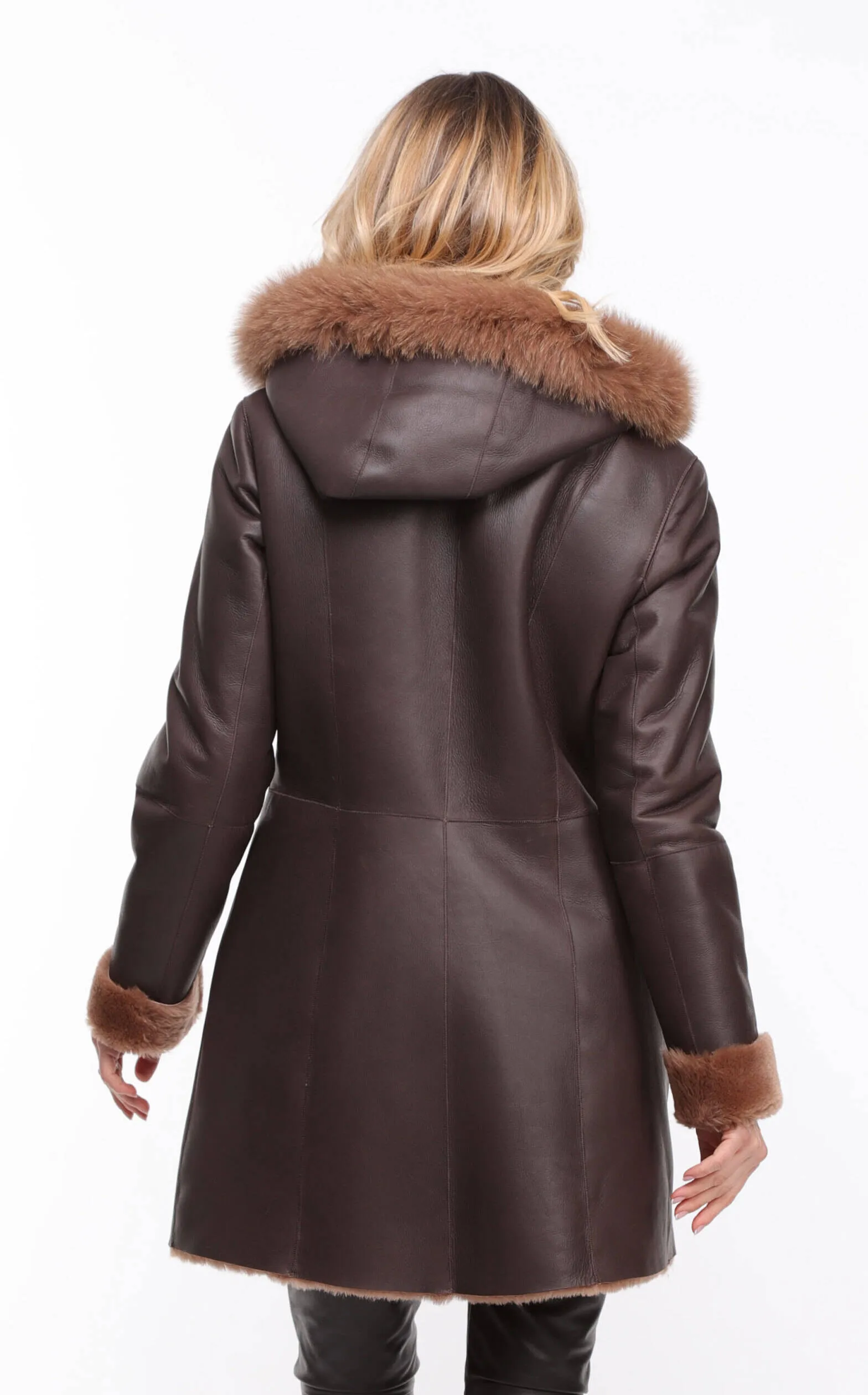 Chocolate Sheepskin Coat - Aurelia - Women's Hooded