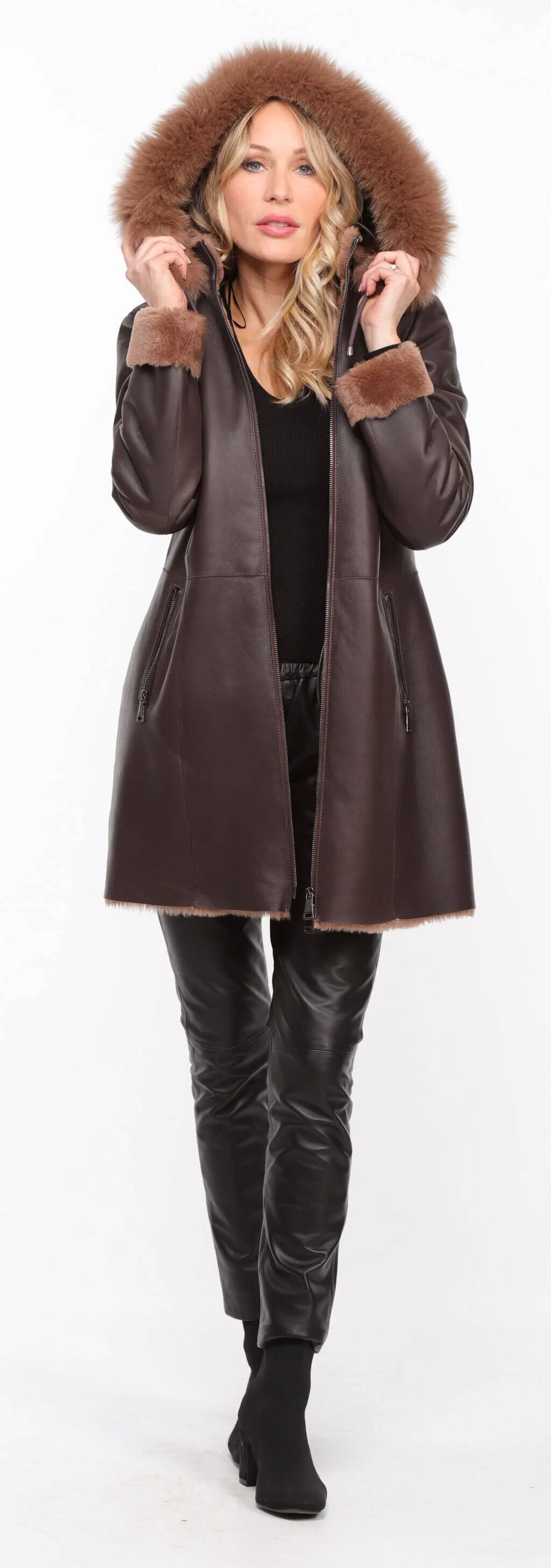 Chocolate Sheepskin Coat - Aurelia - Women's Hooded