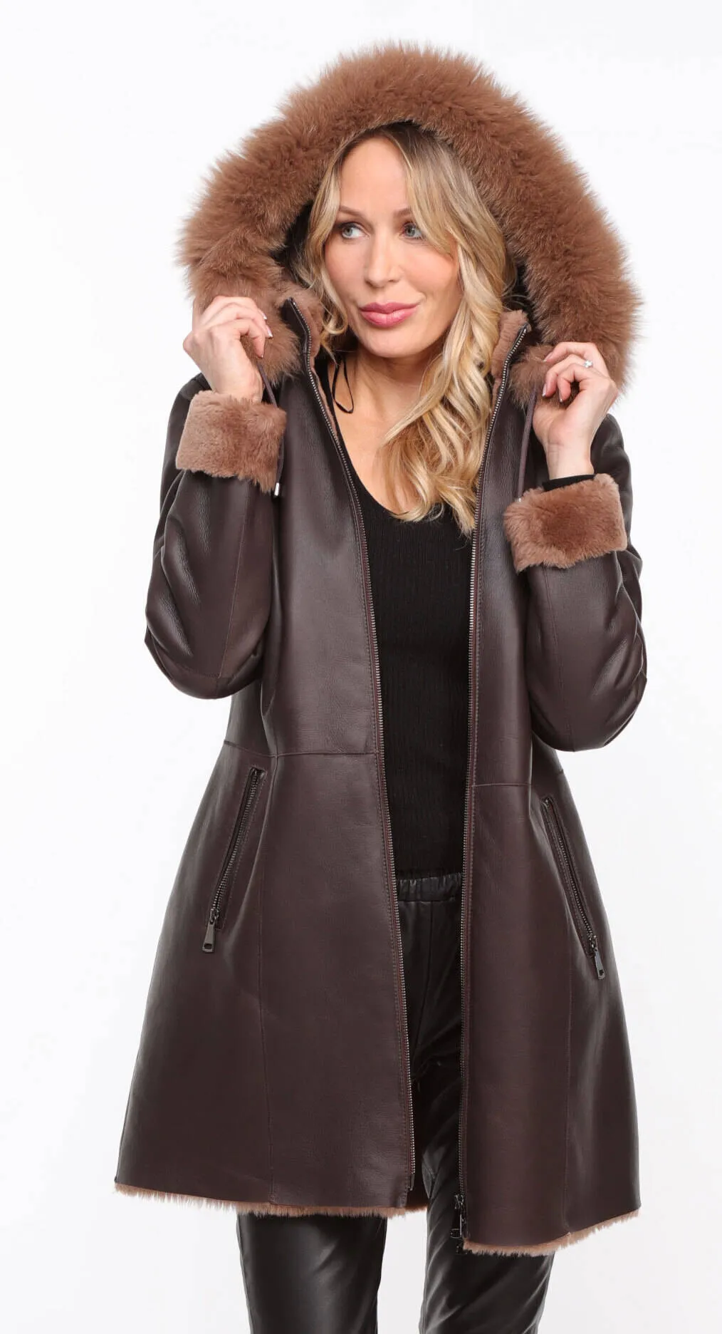 Chocolate Sheepskin Coat - Aurelia - Women's Hooded