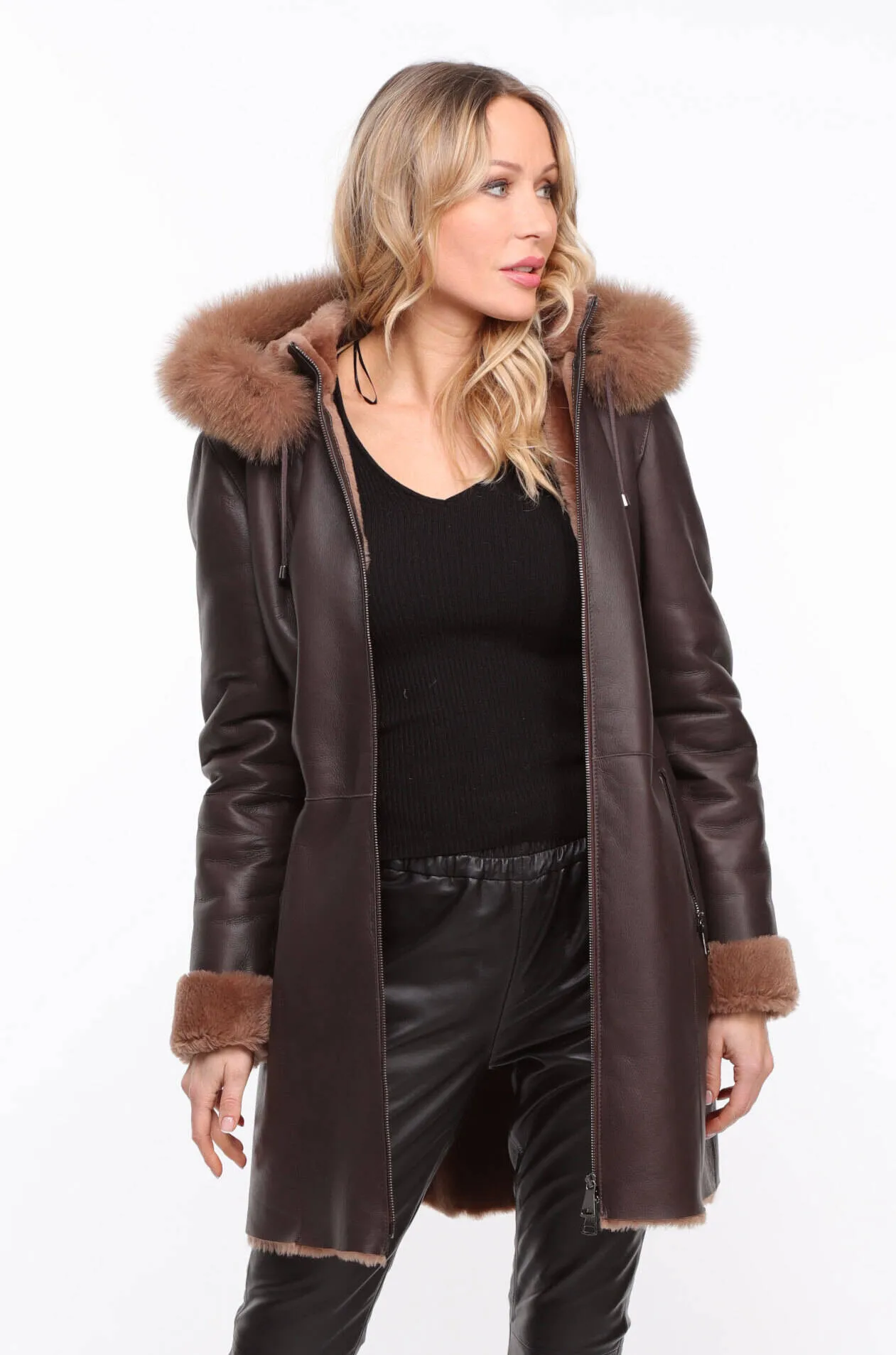 Chocolate Sheepskin Coat - Aurelia - Women's Hooded