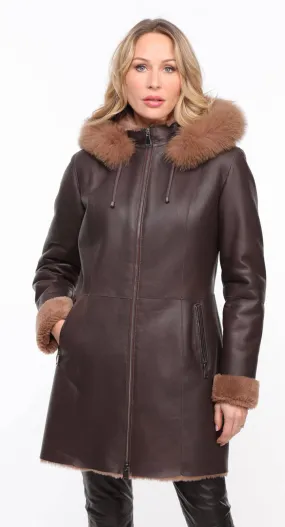 Chocolate Sheepskin Coat - Aurelia - Women's Hooded