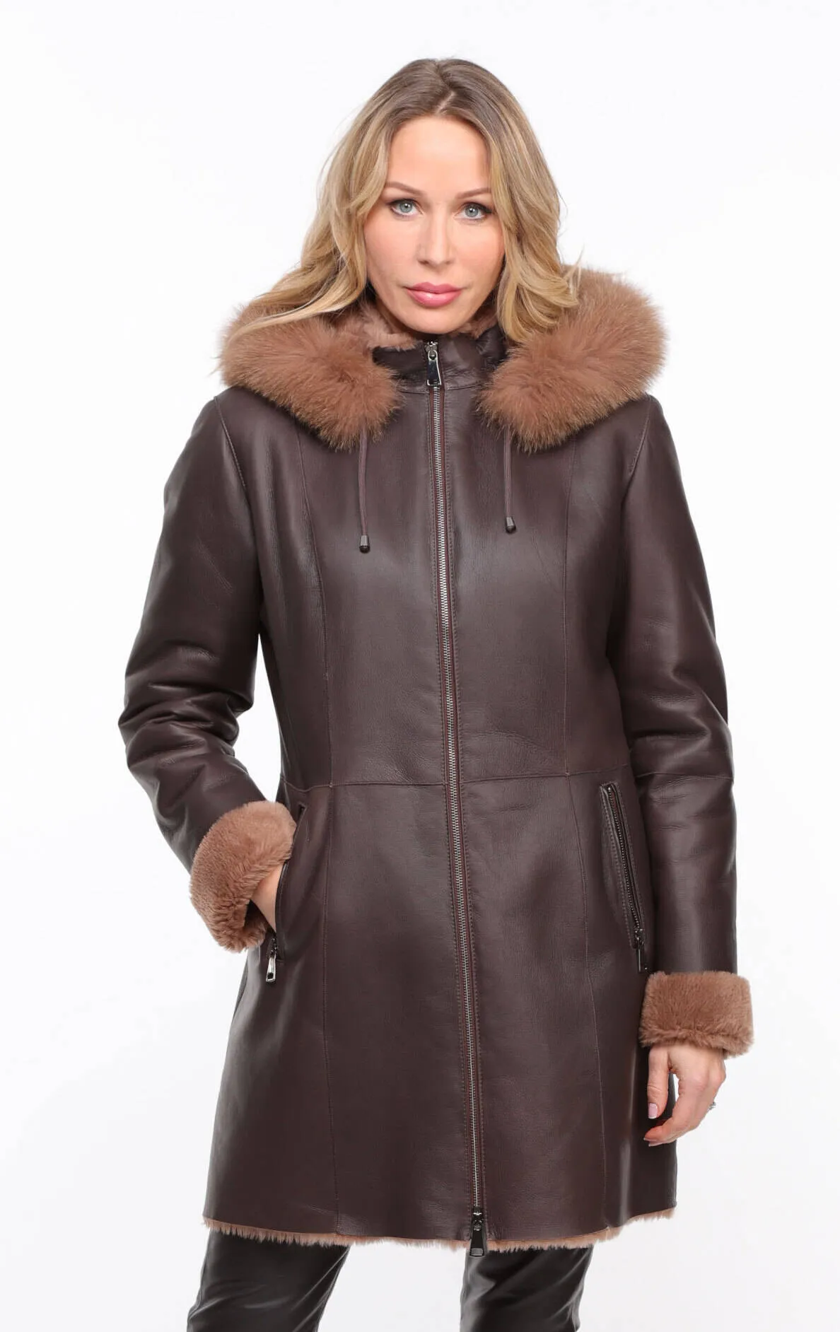 Chocolate Sheepskin Coat - Aurelia - Women's Hooded