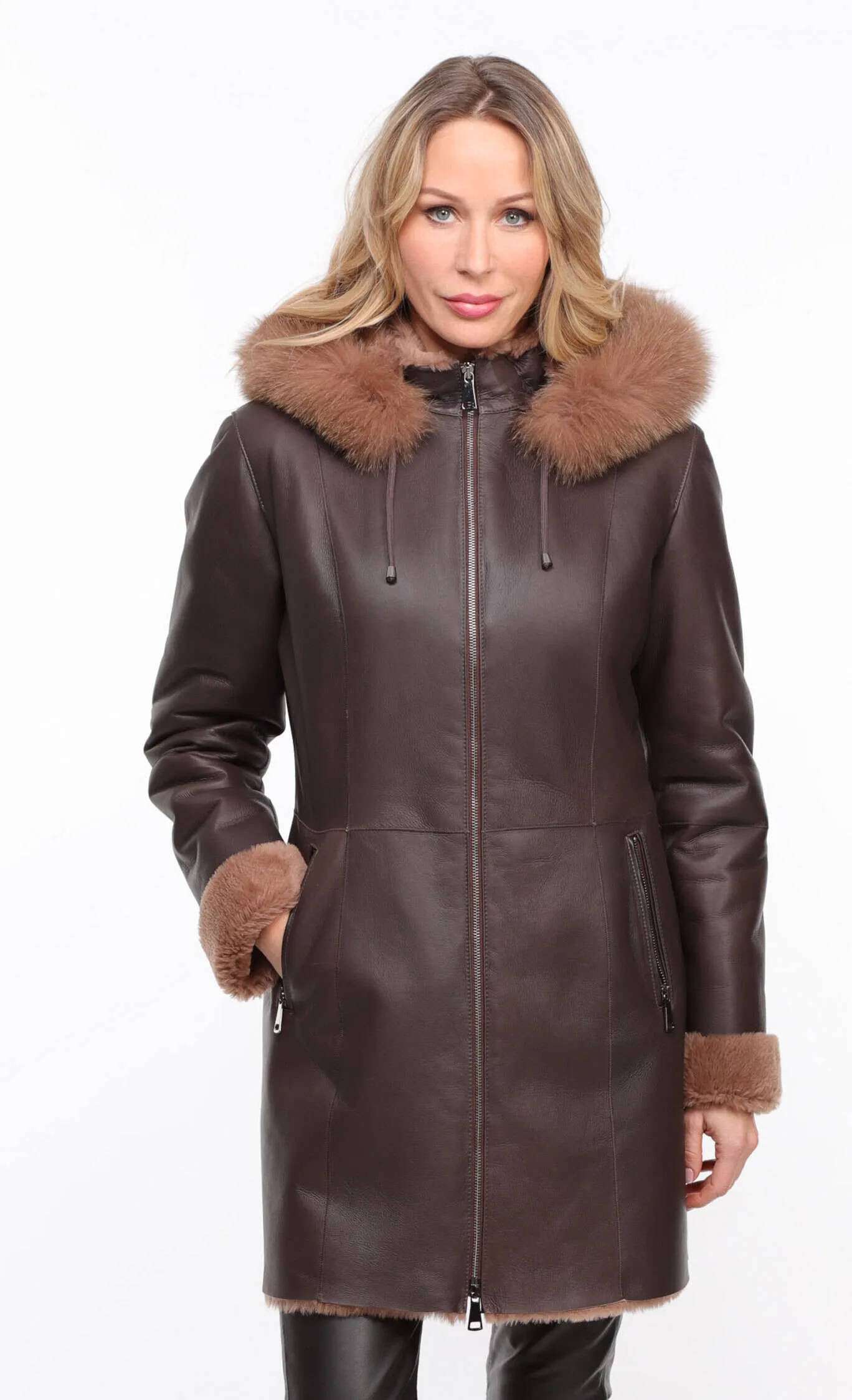 Chocolate Sheepskin Coat - Aurelia - Women's Hooded