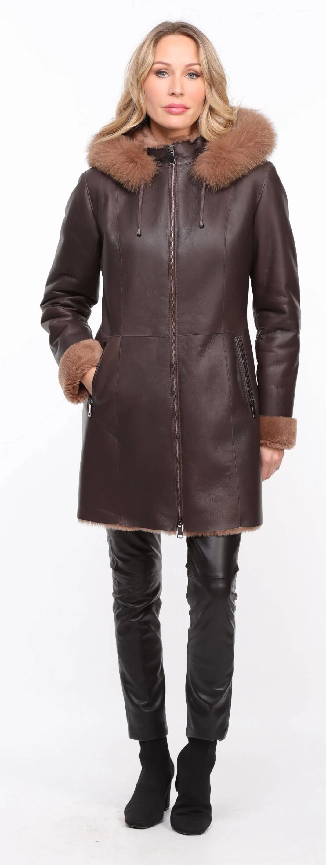 Chocolate Sheepskin Coat - Aurelia - Women's Hooded