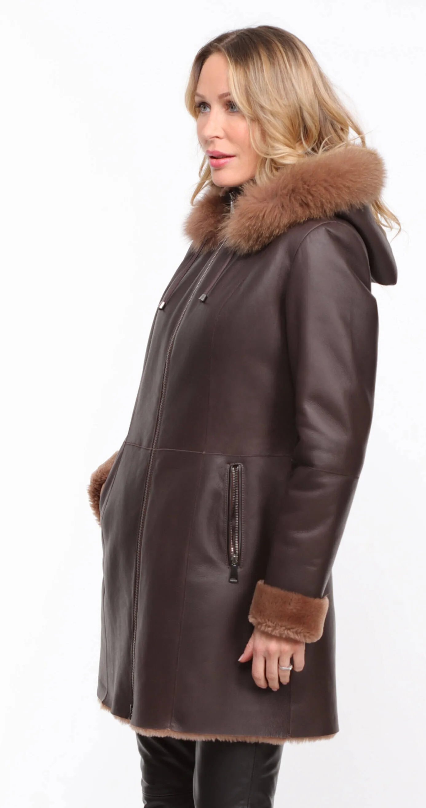 Chocolate Sheepskin Coat - Aurelia - Women's Hooded