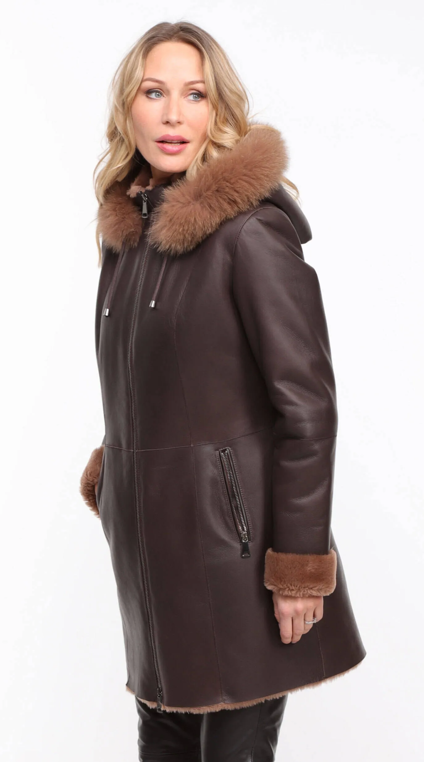 Chocolate Sheepskin Coat - Aurelia - Women's Hooded