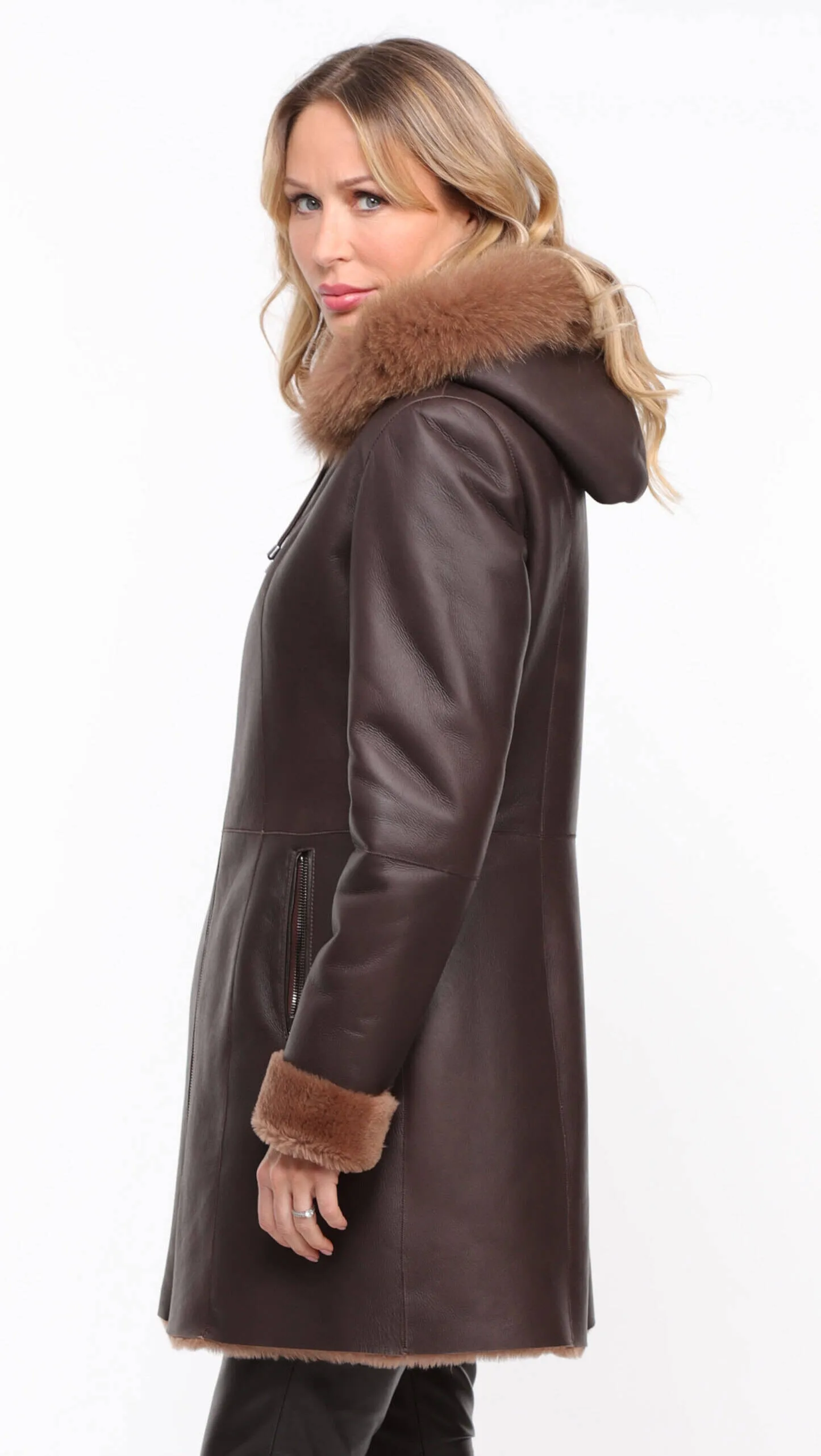 Chocolate Sheepskin Coat - Aurelia - Women's Hooded