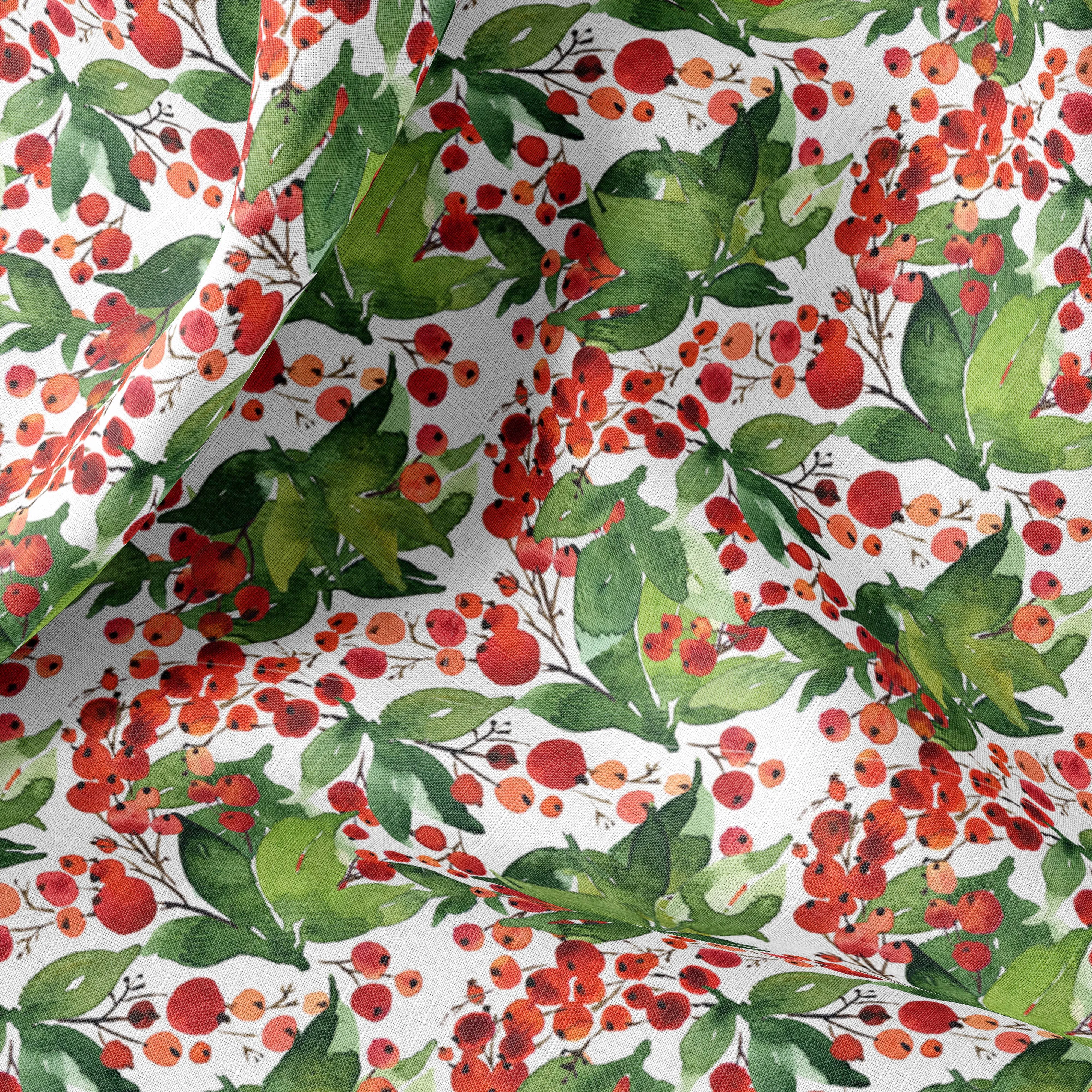 Christmas Linen Fabric with Vintage Red Berries Print for Bedding, Curtains, Clothing, Upholstery - Yard/Meter