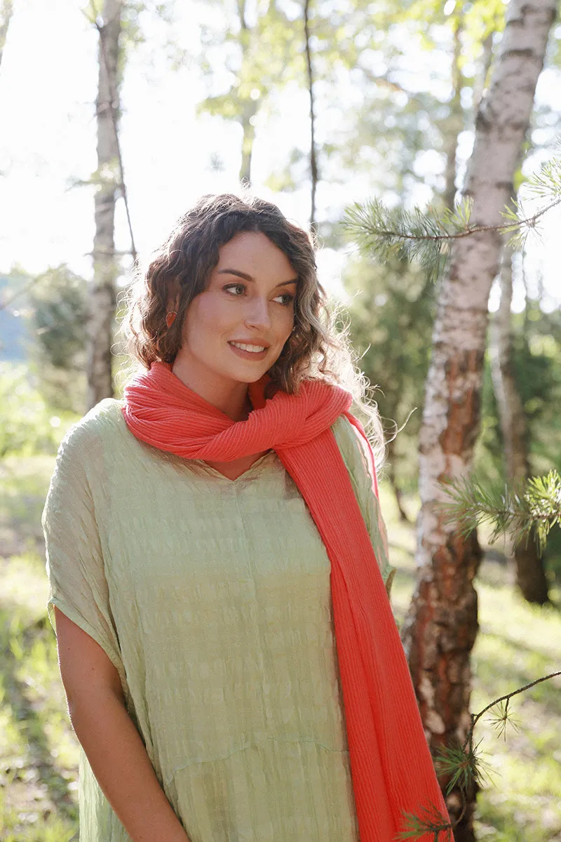 Coral Silk Scarf with Stripes