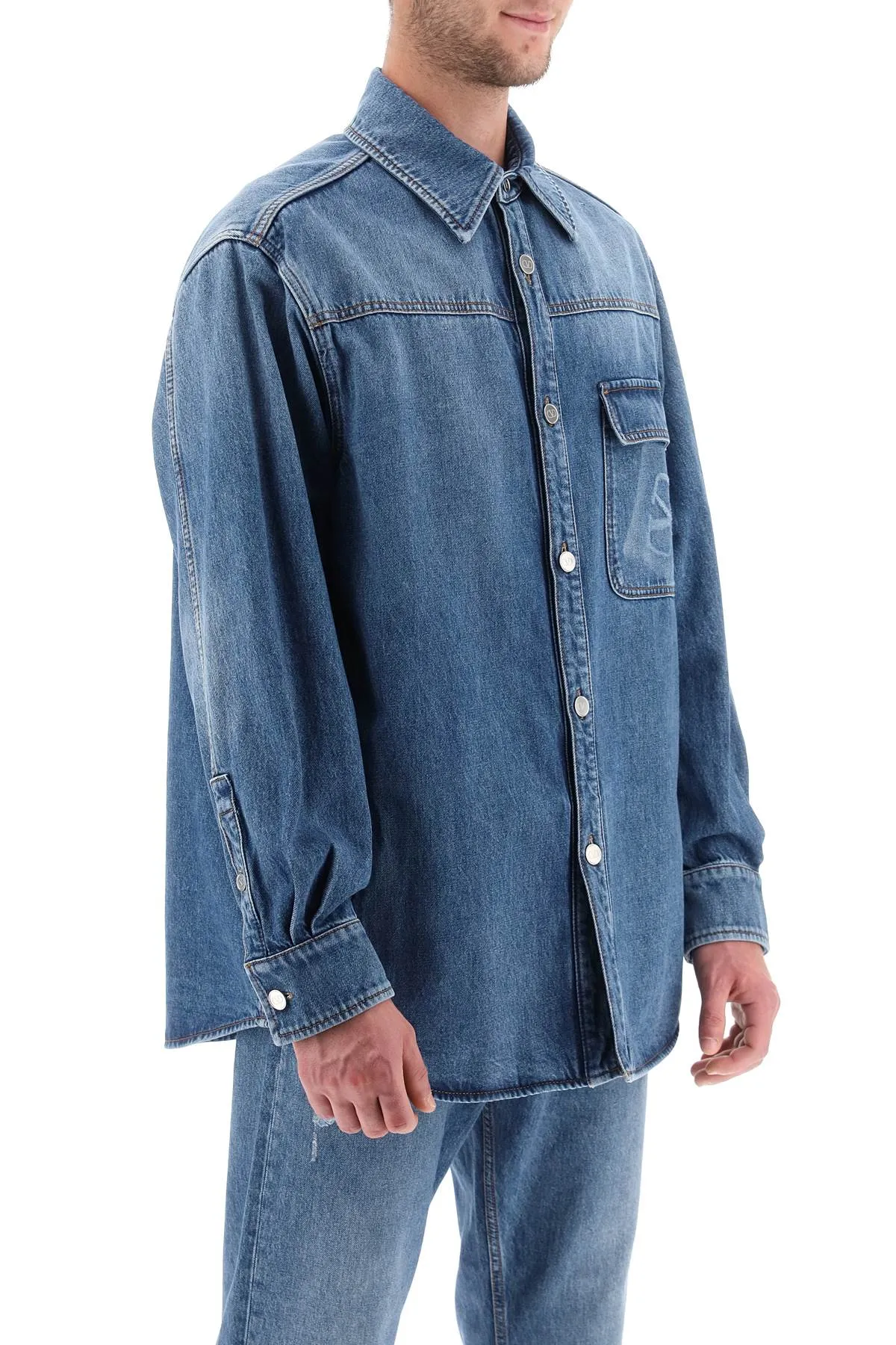 Denim Overshirt with Stamped Vlogo Signature - Medium Blue Denim from Valentino Garavani