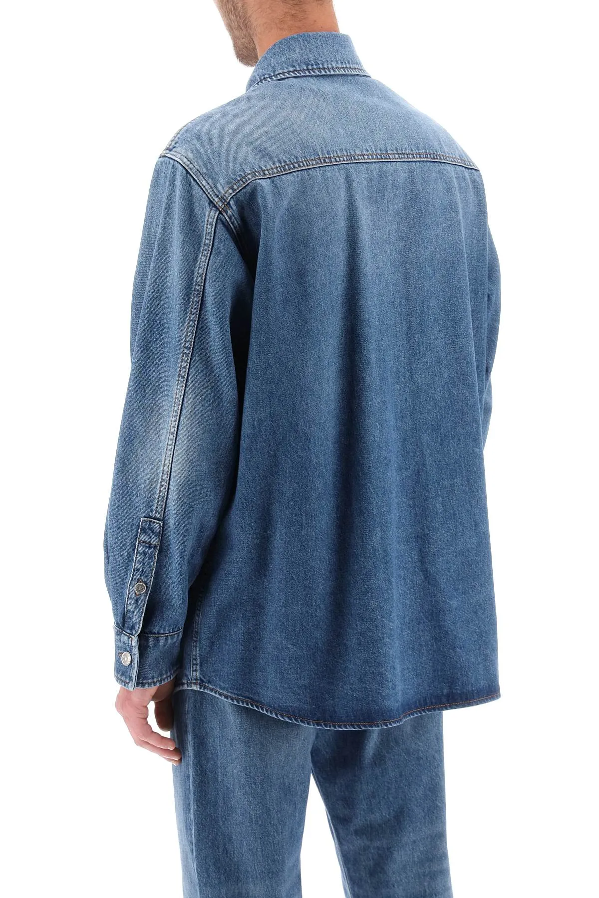 Denim Overshirt with Stamped Vlogo Signature - Medium Blue Denim from Valentino Garavani