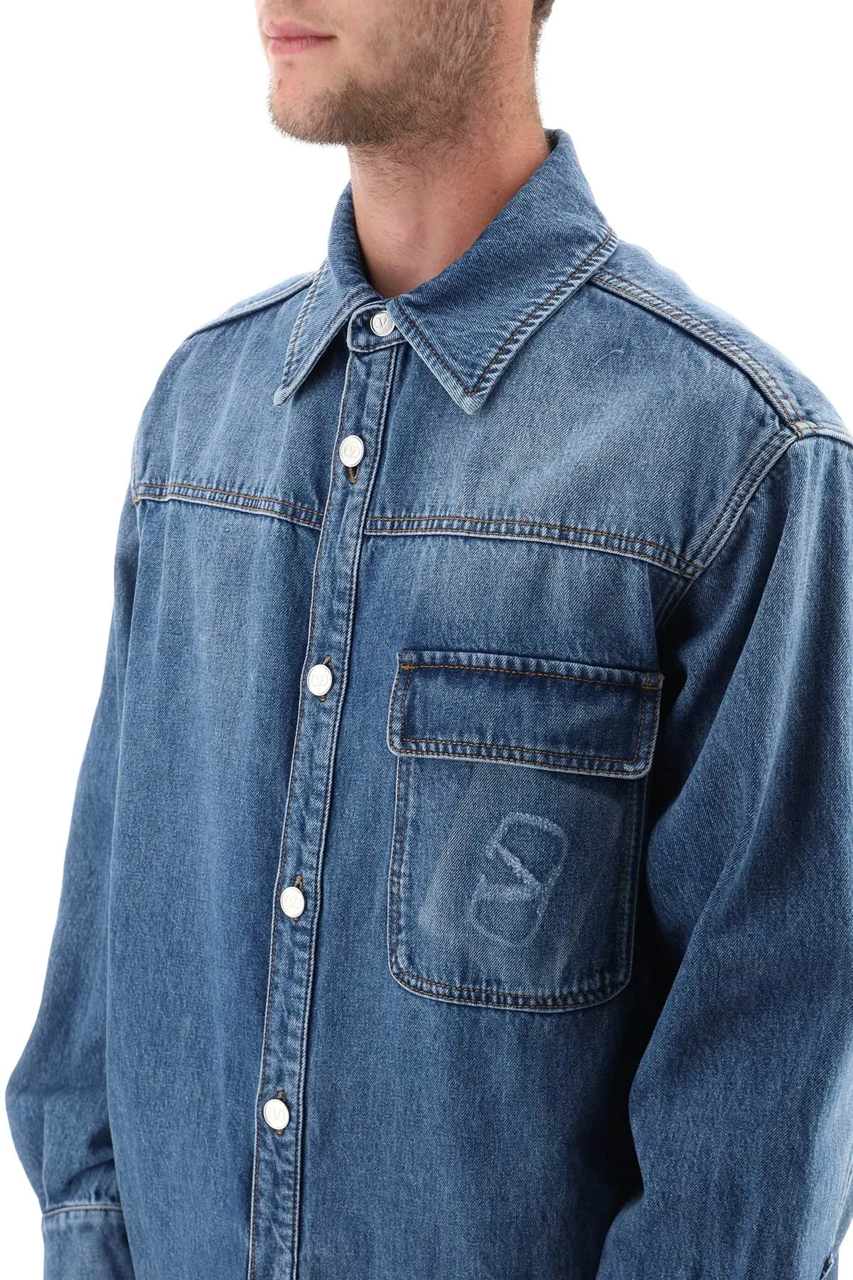 Denim Overshirt with Stamped Vlogo Signature - Medium Blue Denim from Valentino Garavani