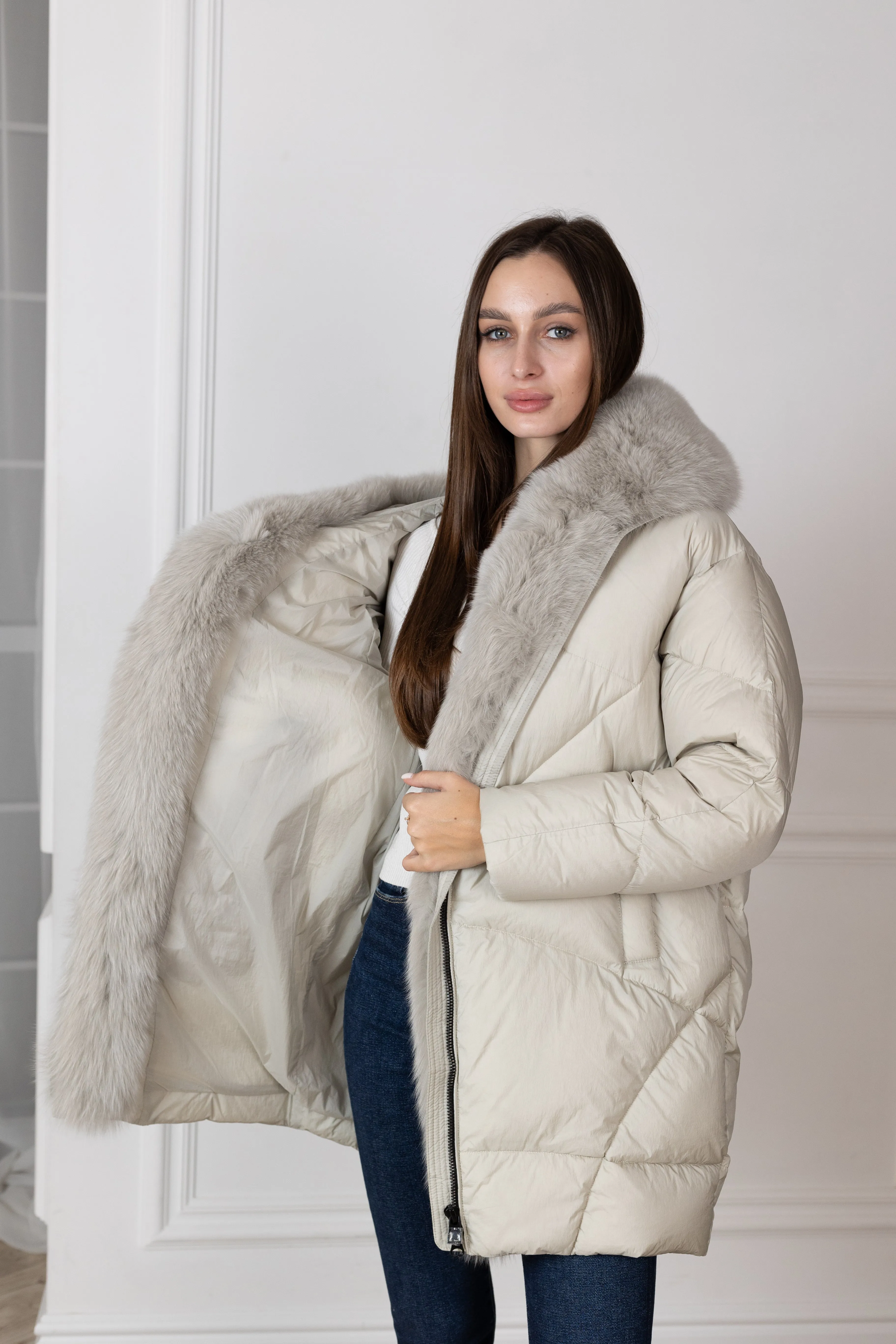 Down Fill Genuine Polar Fox Fur Coat