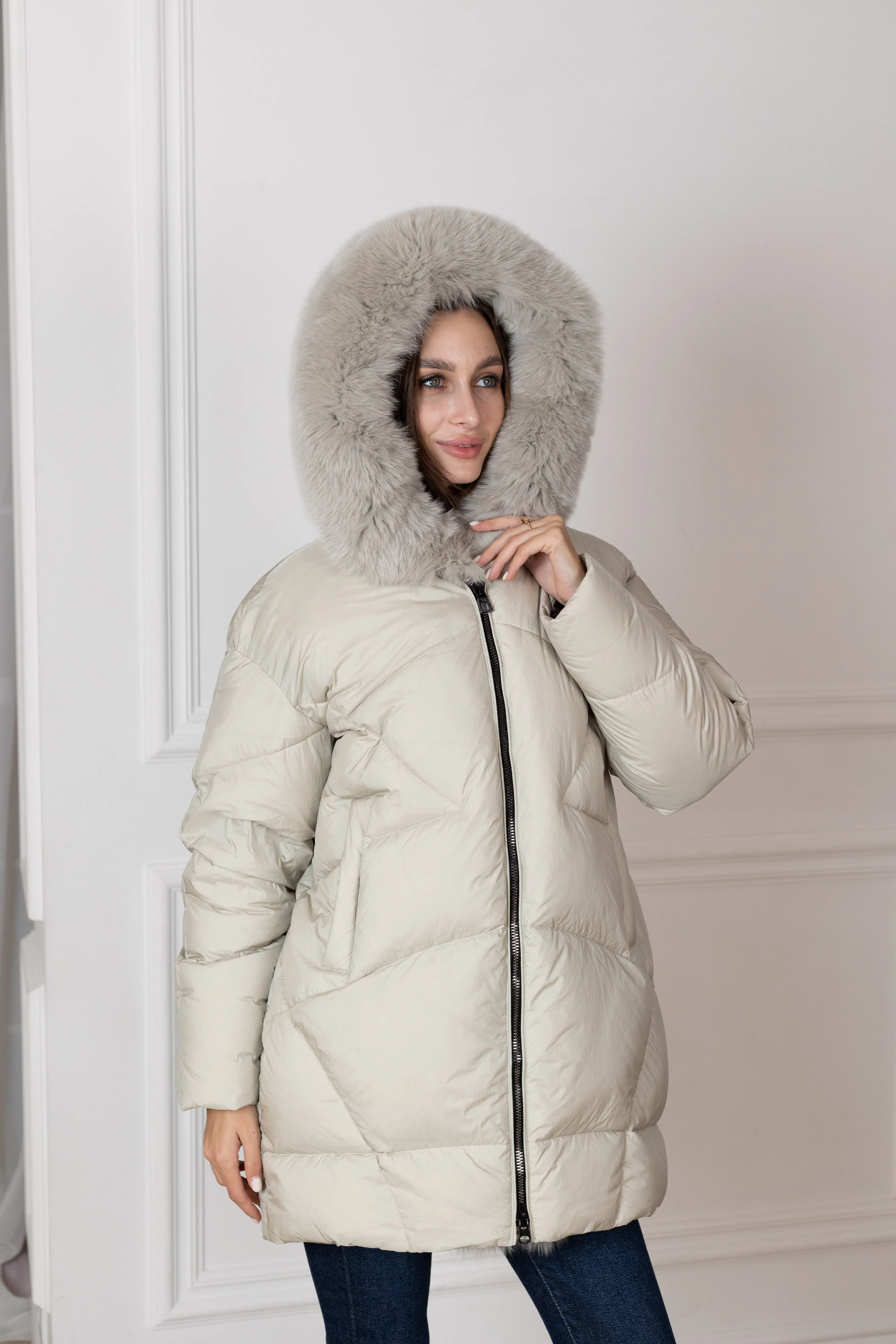 Down Fill Genuine Polar Fox Fur Coat