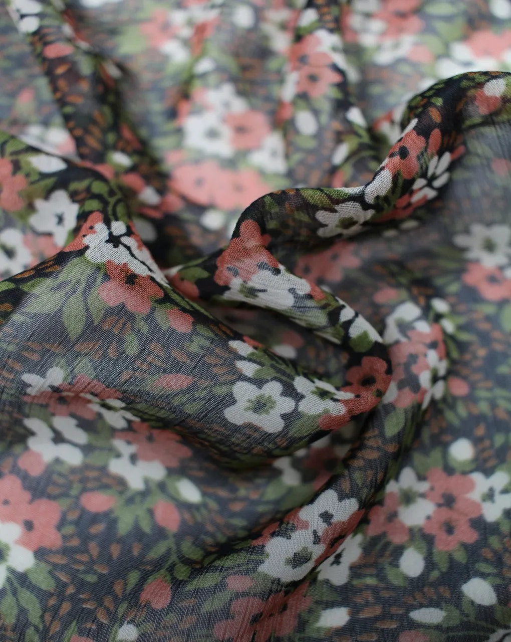 Floral Print Polyester Chiffon Fabric - Black Multicolor