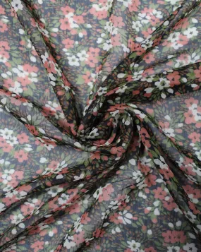 Floral Print Polyester Chiffon Fabric - Black Multicolor