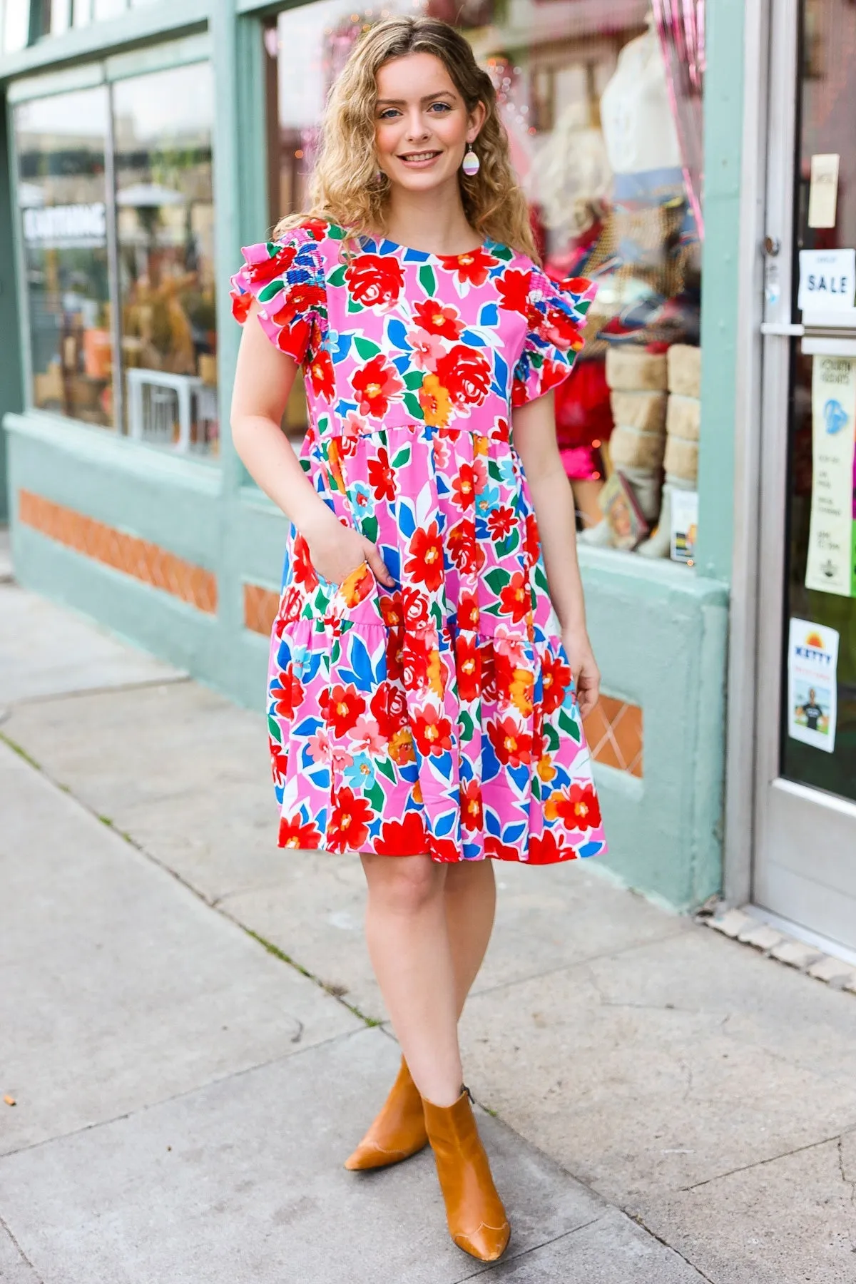 Floral Smocked Ruffle Sleeve Tiered Dress