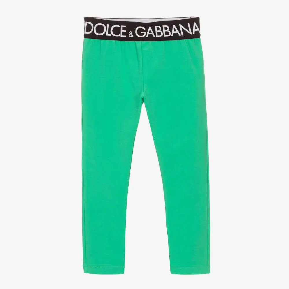 Girls Green Cotton Leggings with Logo