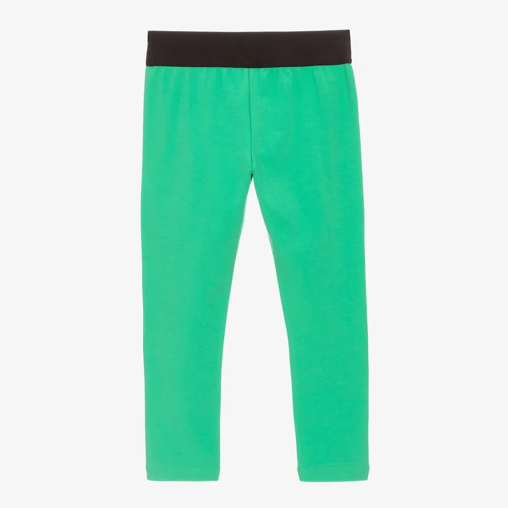 Girls Green Cotton Leggings with Logo