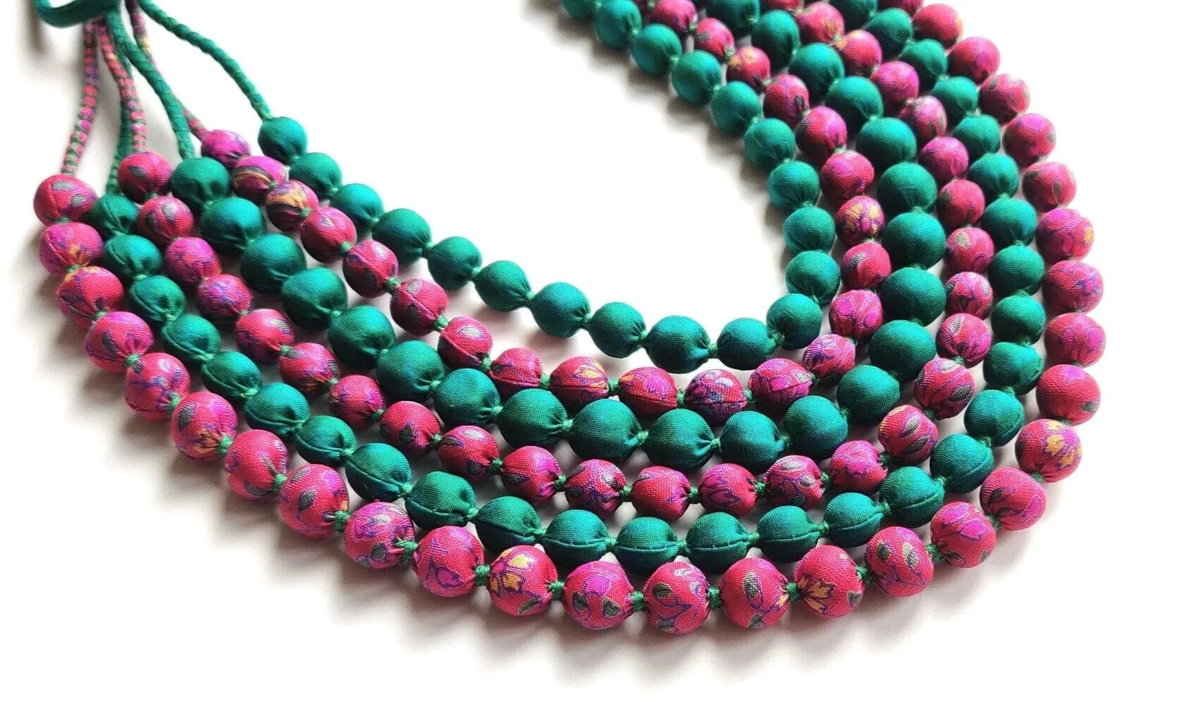 Green and Pink Upcycled Sari Silk Necklace