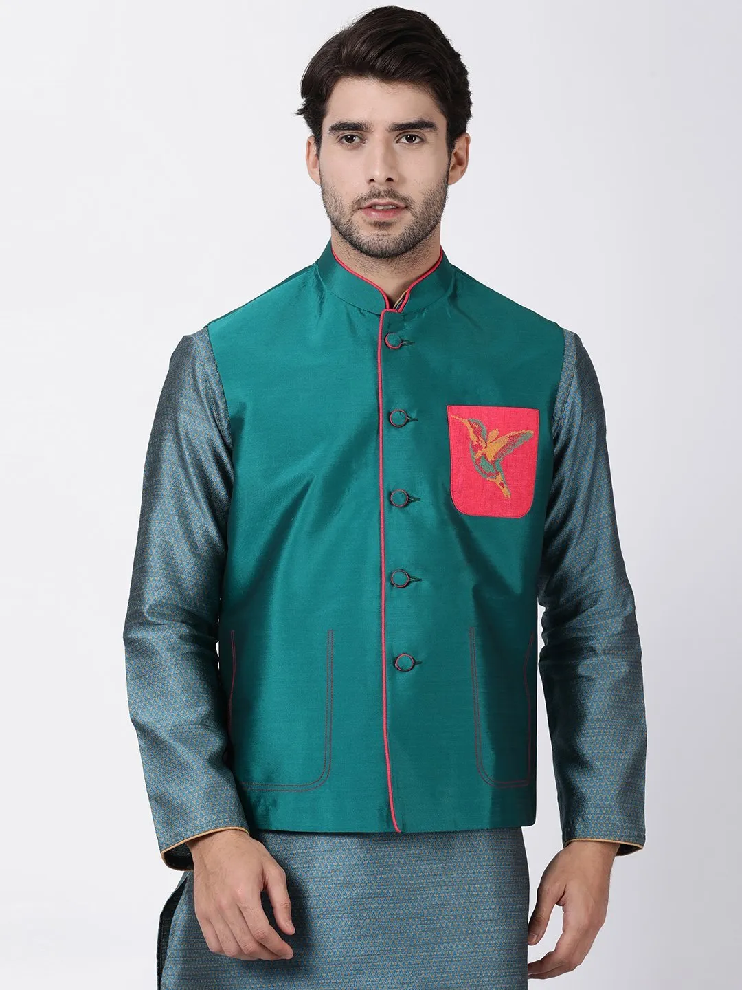 Green Cotton Silk Blend Ethnic Jacket for Men by VASTRAMAY.