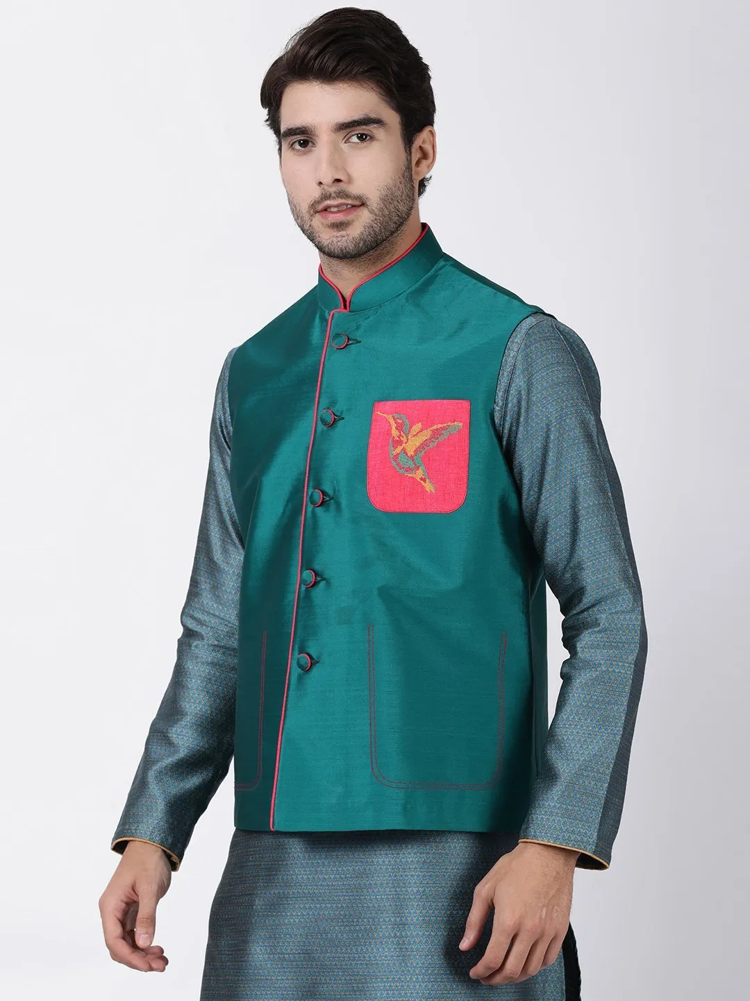 Green Cotton Silk Blend Ethnic Jacket for Men by VASTRAMAY.