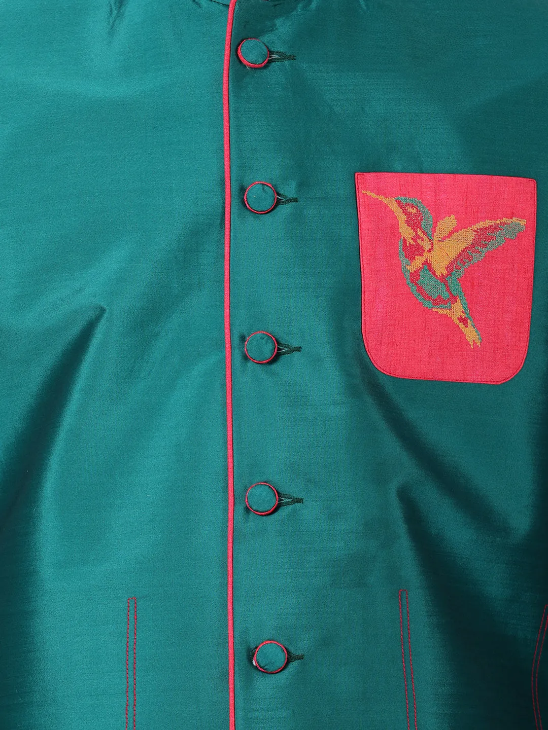 Green Cotton Silk Blend Ethnic Jacket for Men by VASTRAMAY.