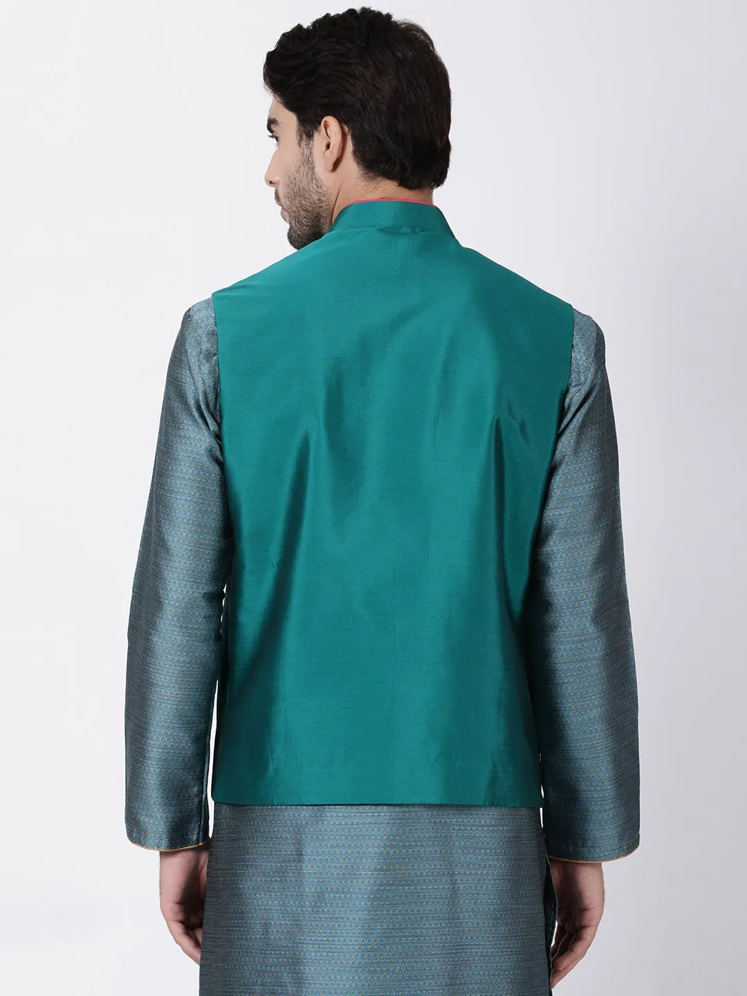 Green Cotton Silk Blend Ethnic Jacket for Men by VASTRAMAY.