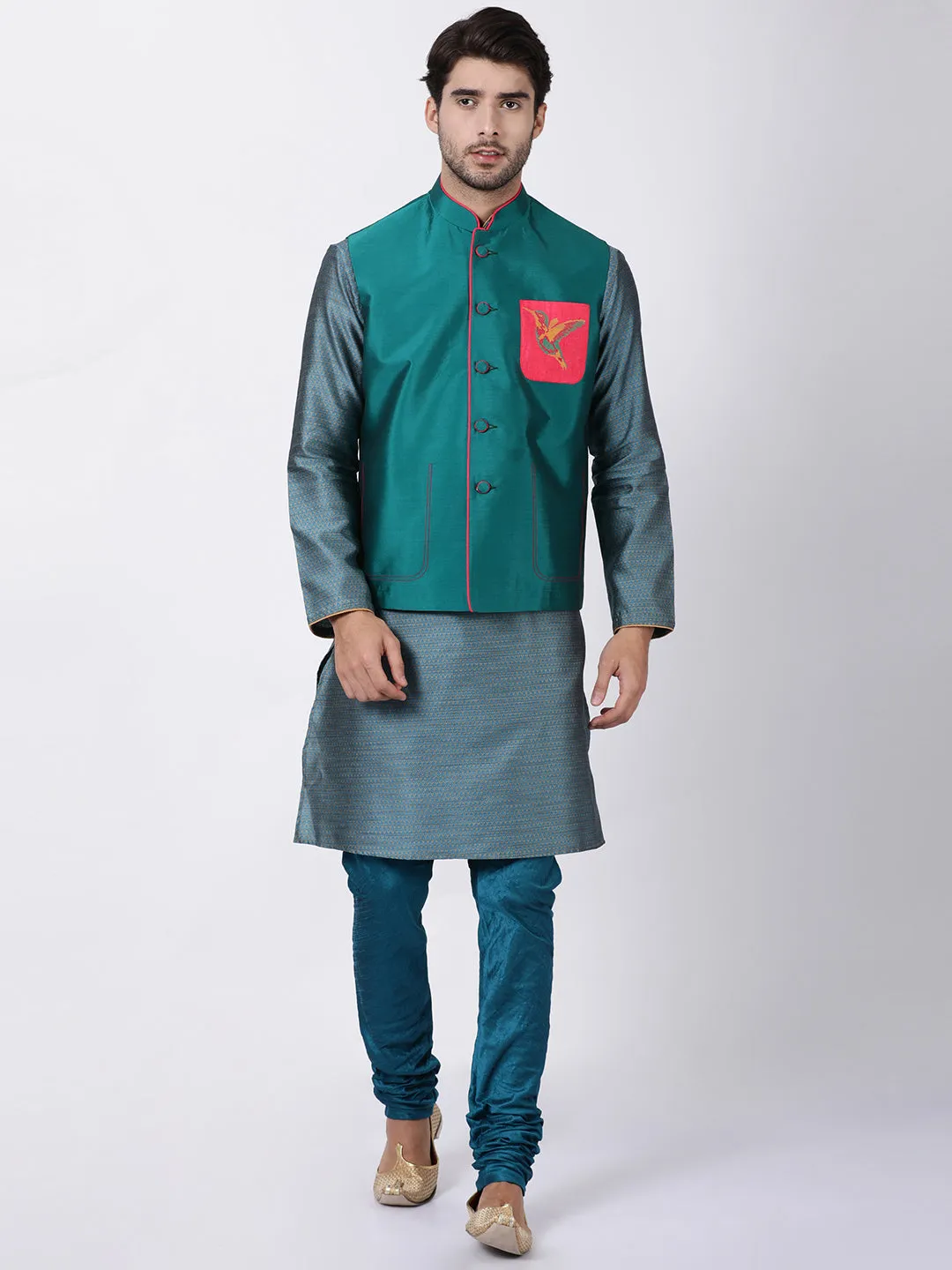 Green Cotton Silk Blend Ethnic Jacket for Men by VASTRAMAY.