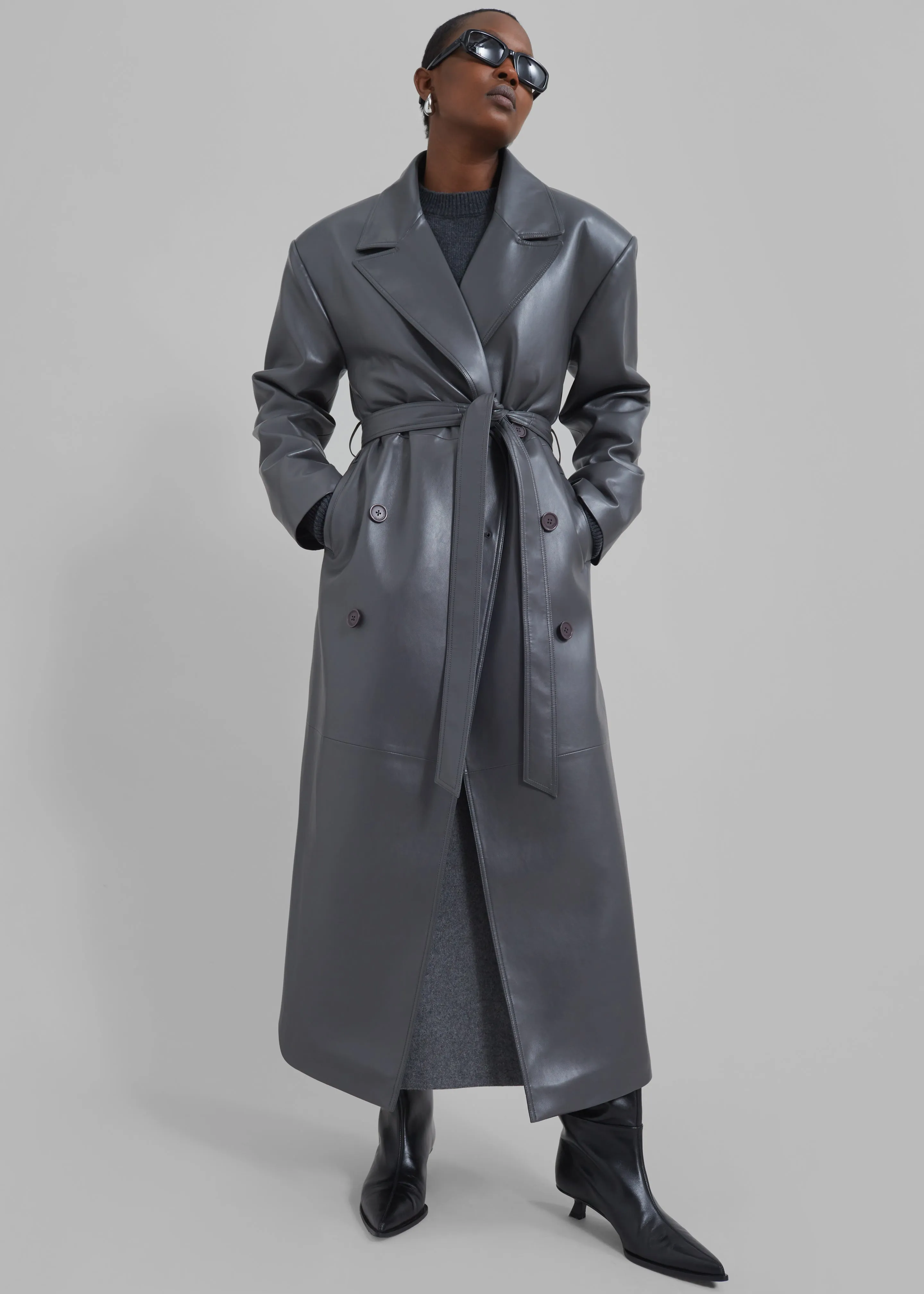 Grey Faux Leather Trench Coat - Tina