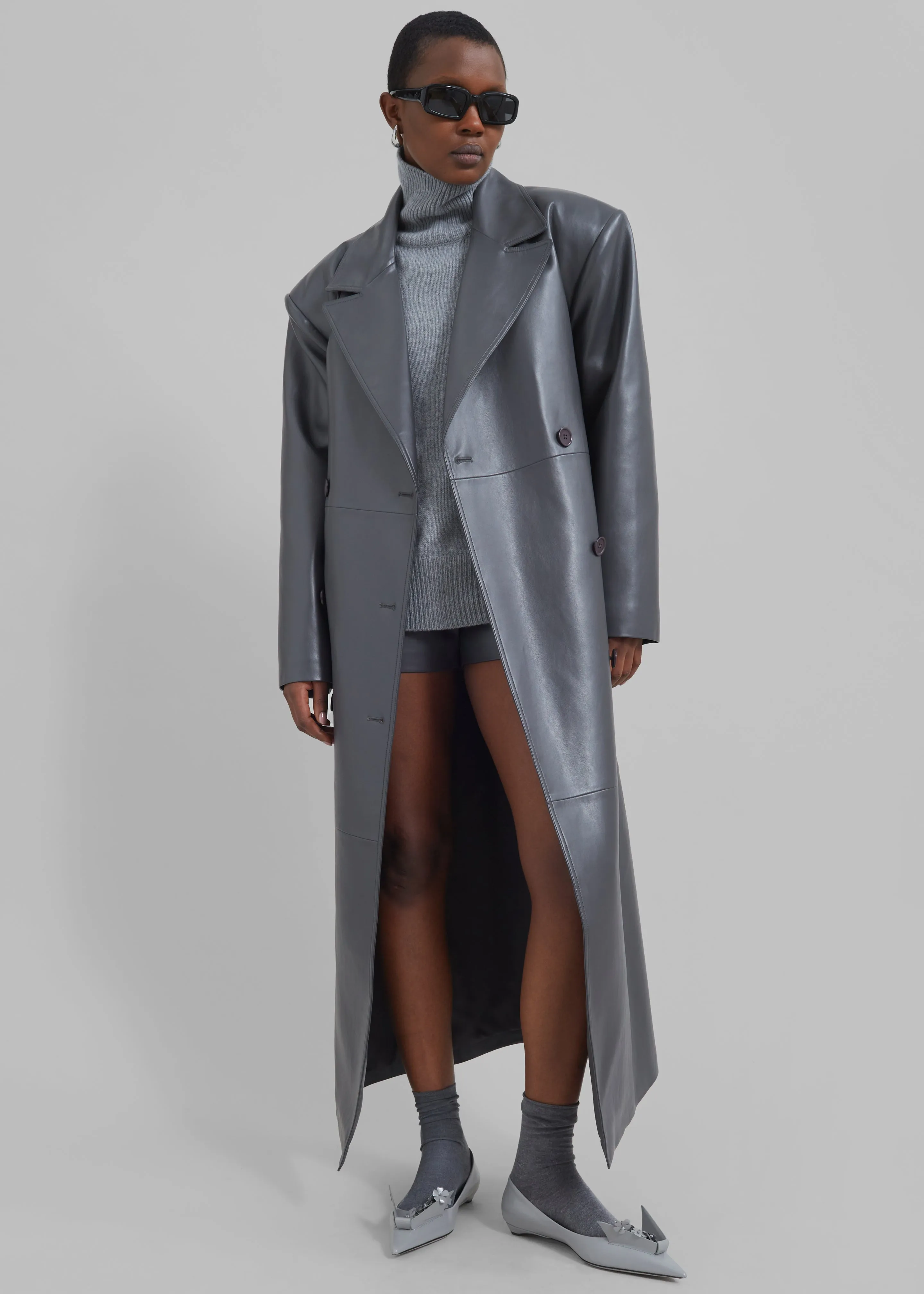 Grey Faux Leather Trench Coat - Tina