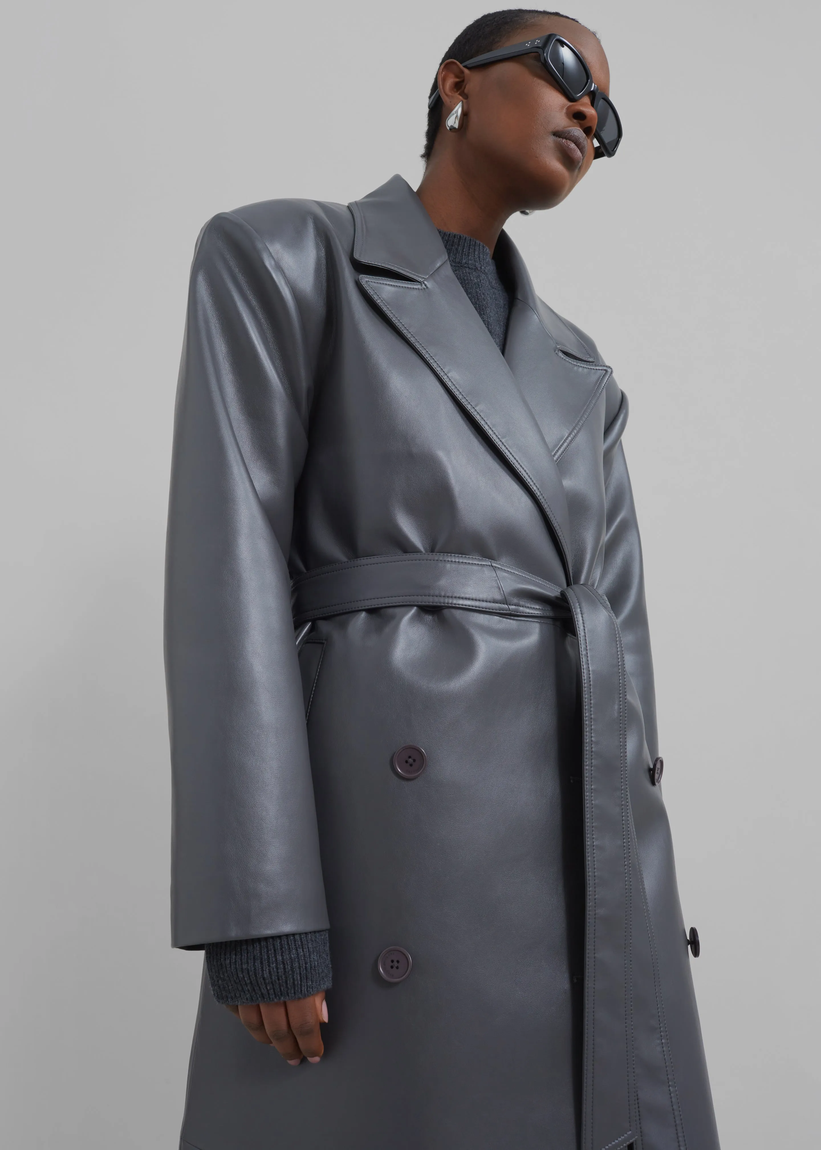 Grey Faux Leather Trench Coat - Tina