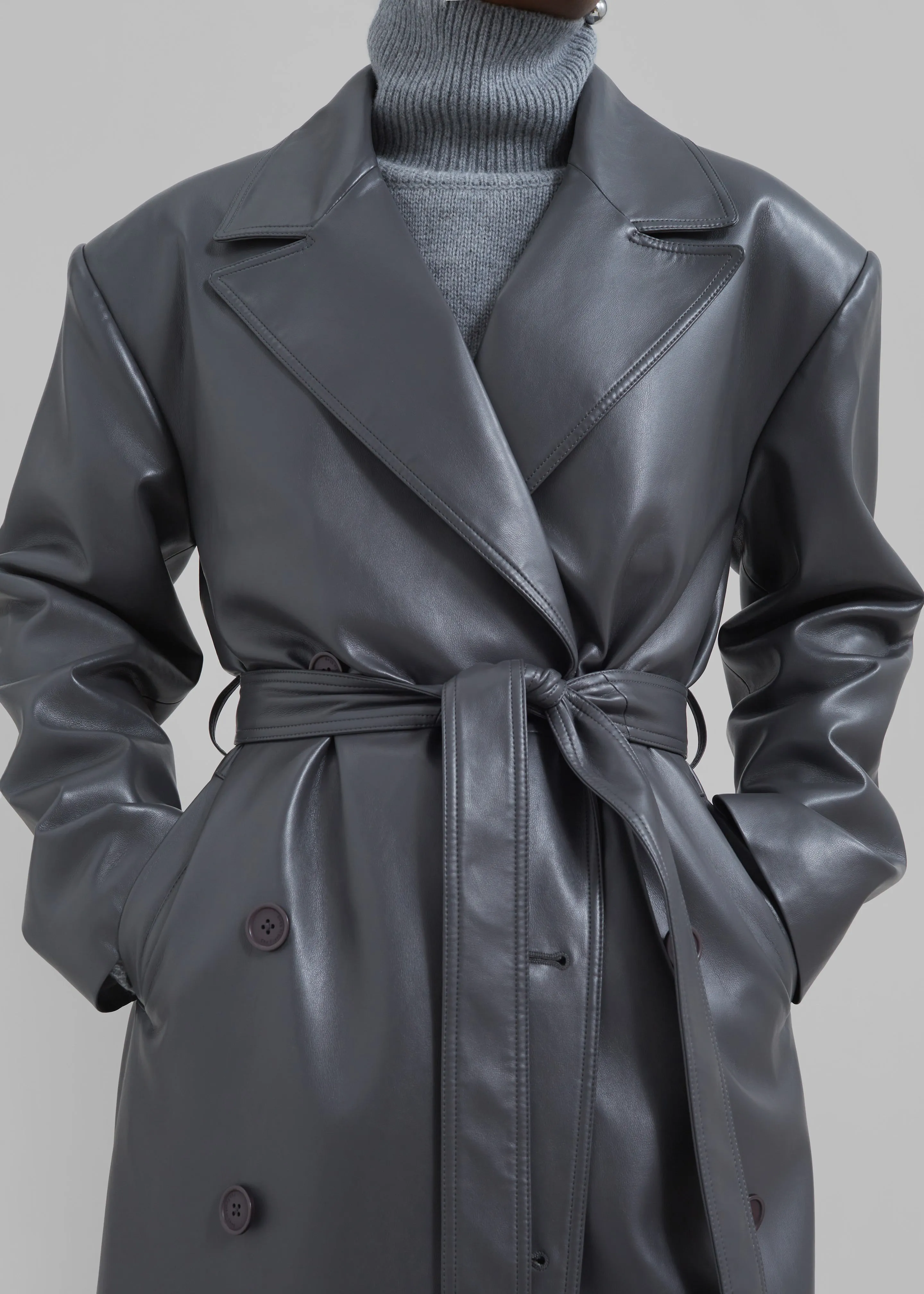 Grey Faux Leather Trench Coat - Tina